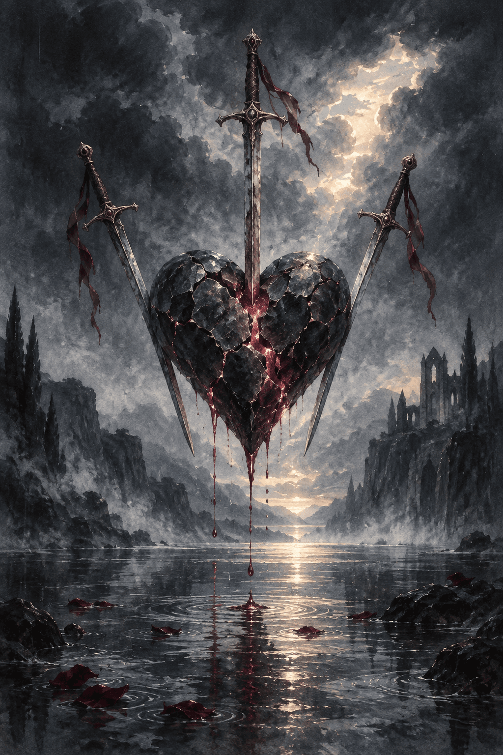 A cracked obsidian heart pierced by three antique swords suspended above a dark lake between ruined gothic towers.
