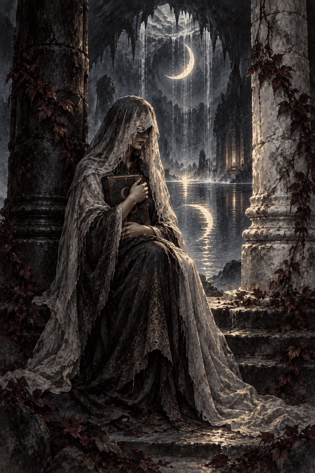 A veiled priestess holding a closed moon-bound book between black and white pillars beside moonlit cavern water.