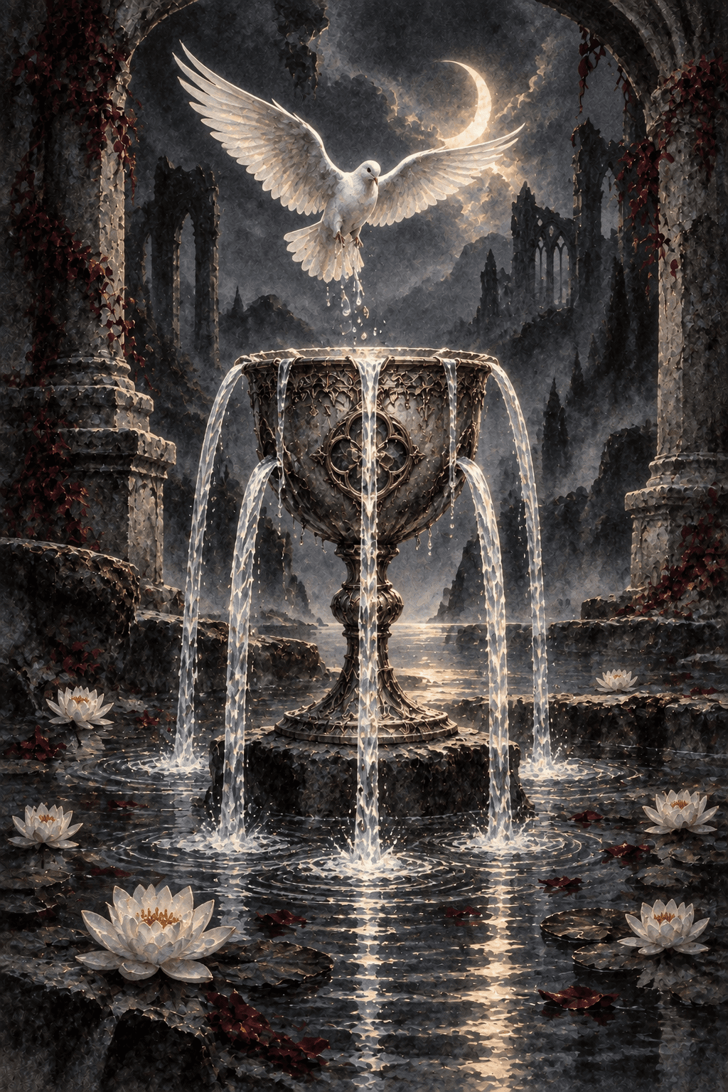 One ornate silver chalice overflowing with five delicate streams into a moonlit pool, a pale dove above, white water lilies and a ruined sacred spring, quiet emotional renewal.