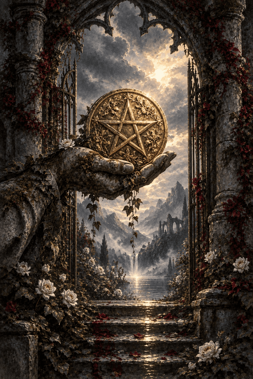 One large antique gold coin engraved with a clear five-pointed star offered in a moss-covered stone hand, an overgrown garden gateway opening toward distant mountains, tangible new opportunity.
