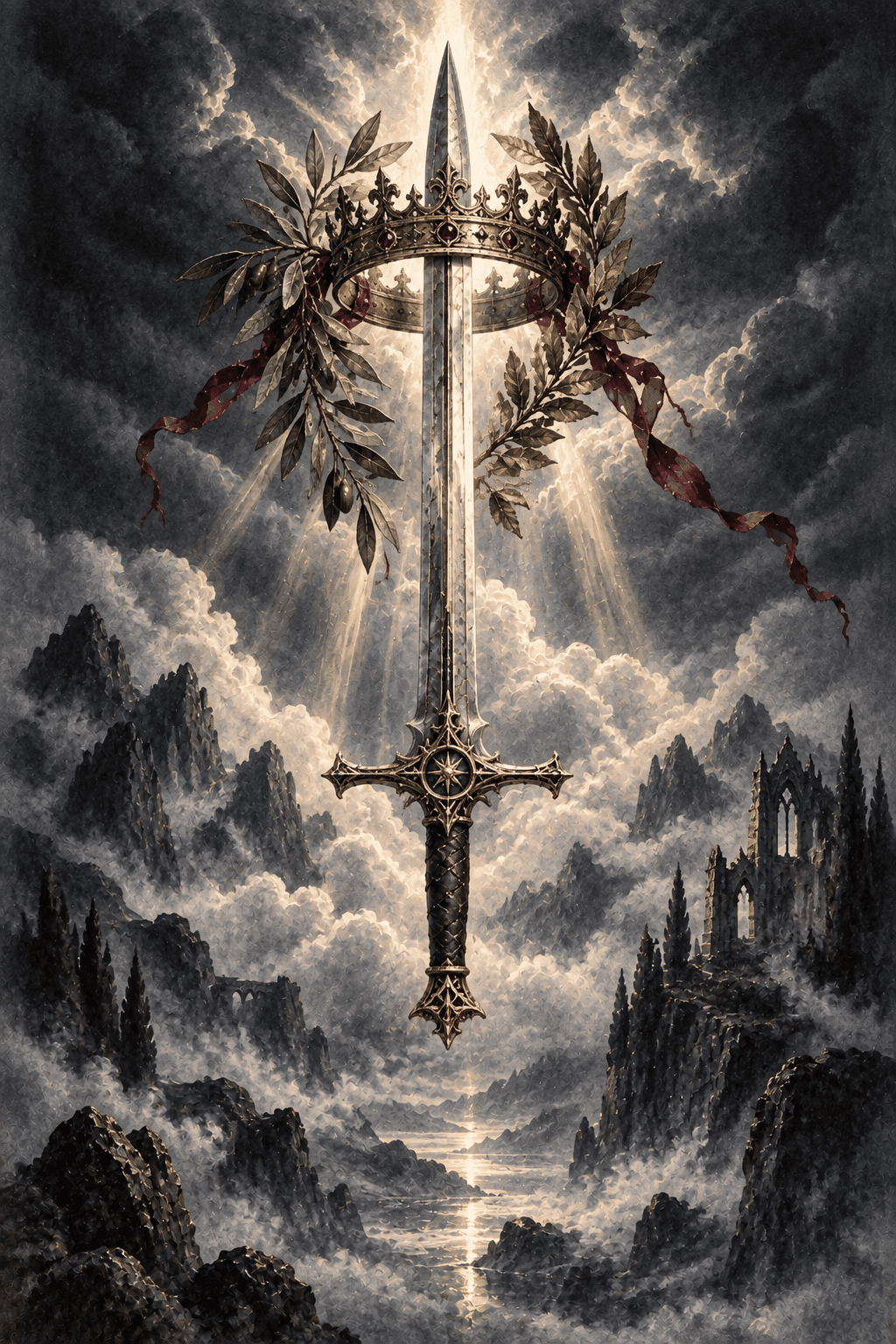 One upright ornate silver sword emerging from storm clouds above jagged peaks, an antique crown encircling the tip with olive and laurel branches, sharp white light cutting the darkness.