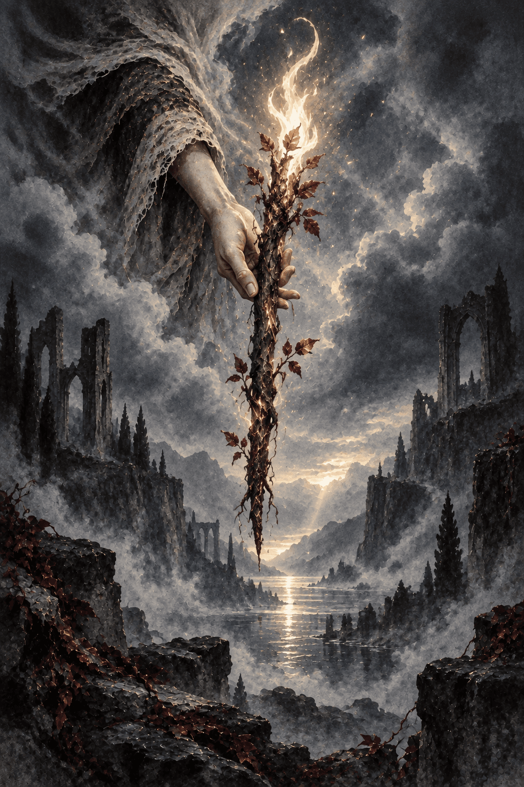 One gnarled wooden wand sprouting tiny leaves and a pale living flame, offered by a hand emerging from smoke above a ruined valley; a single potent spark of inspiration.
