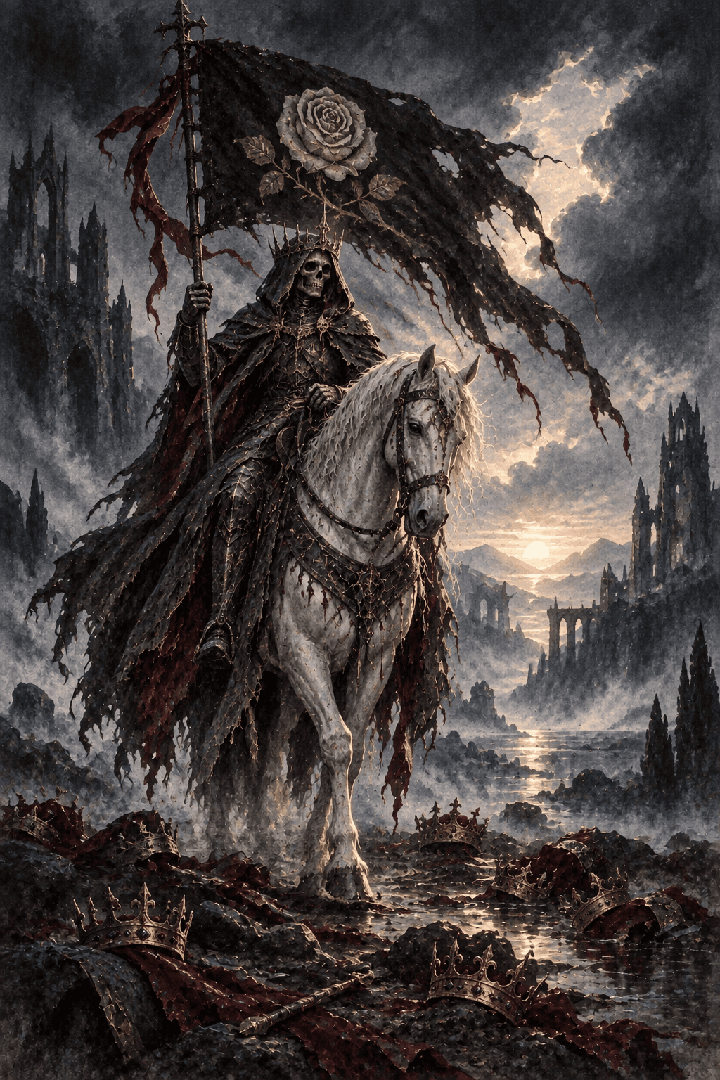 An armored skeletal rider on a pale horse passing through a field of fallen crowns, a black banner bearing an ivory rose, distant sunrise between ruined towers; dignified transformation, no gore.