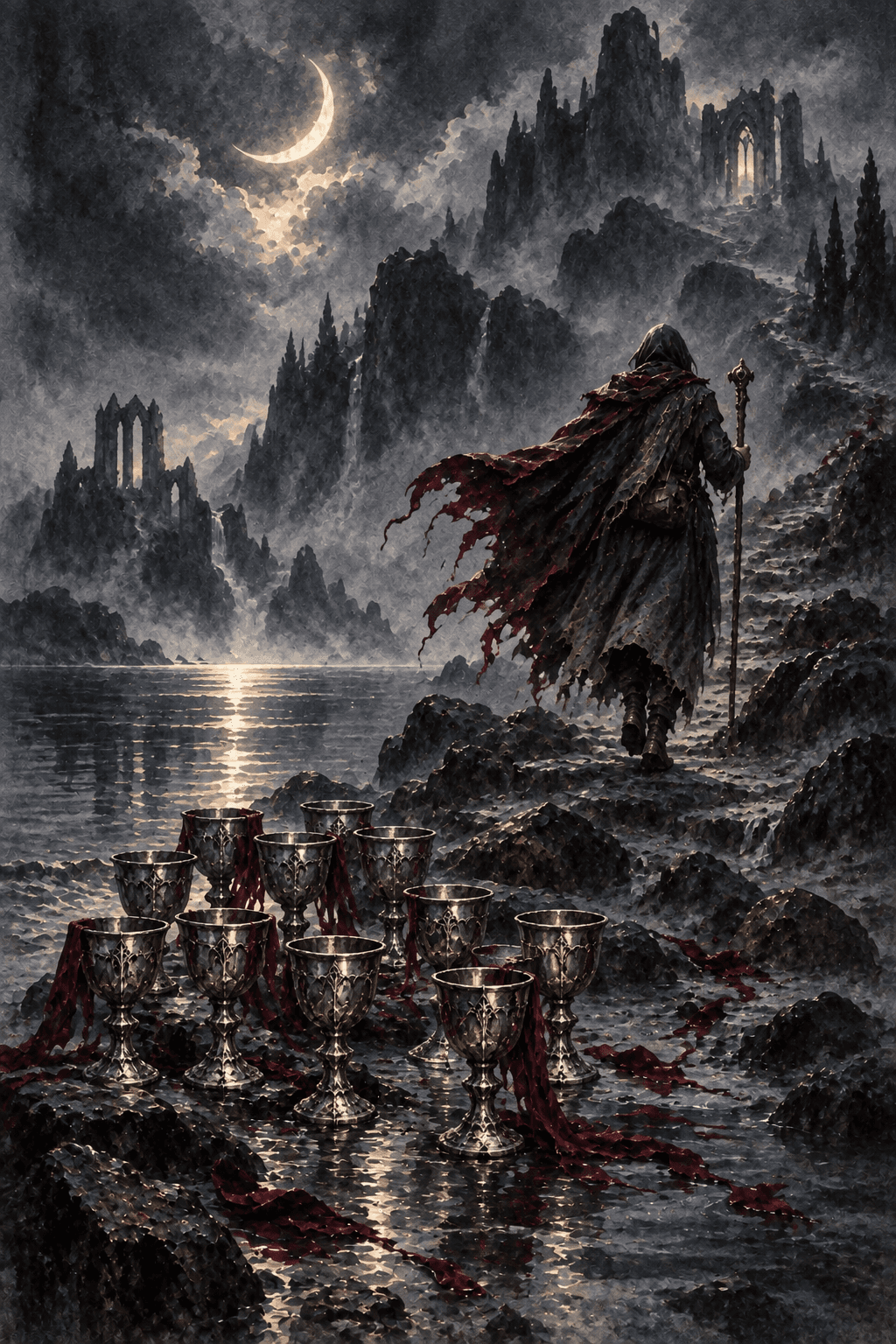 A solitary traveler turning away from exactly eight silver cups stacked on a rocky shore, climbing toward dark mountains beneath a thin moon, departure and a search for deeper meaning.