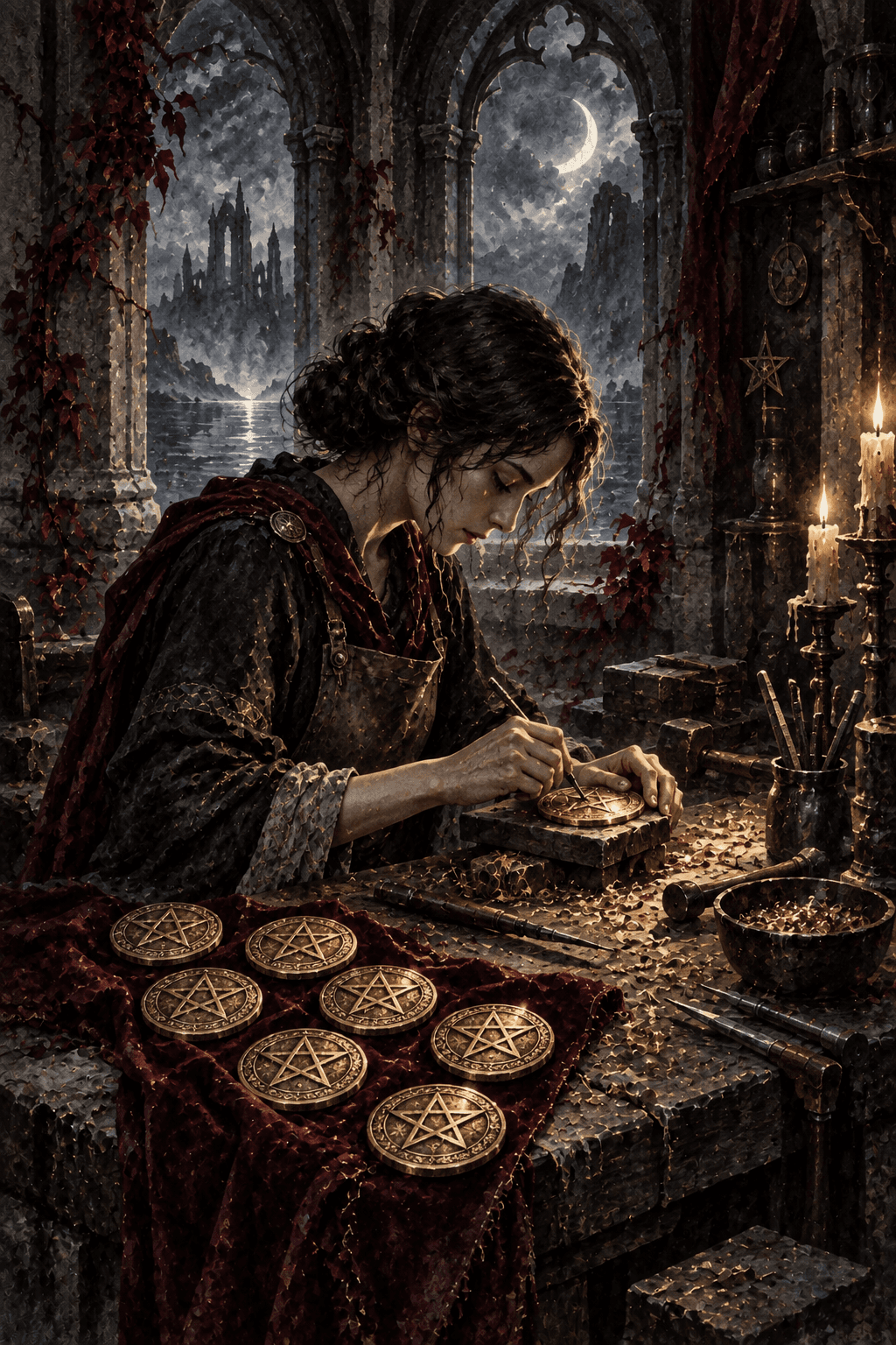 An absorbed craftsperson engraving a gold pentacle at a worn bench, seven finished pentacle coins displayed nearby, exactly eight total, intimate candlelit workshop and fine metal shavings.