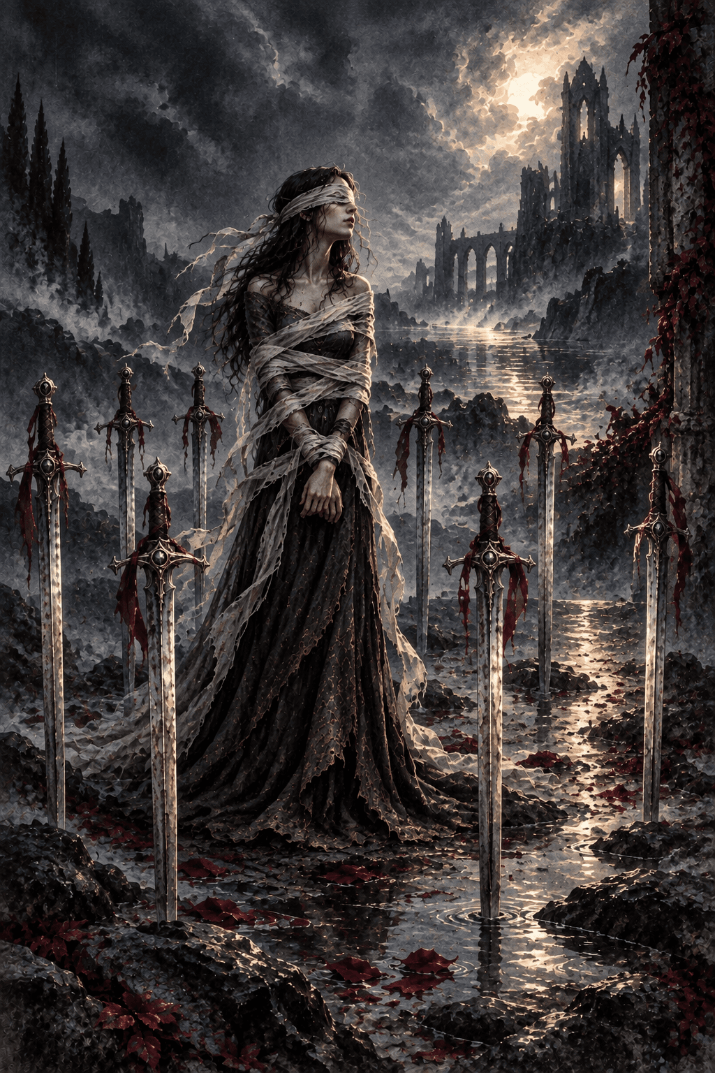A blindfolded woman loosely bound in cloth standing within an incomplete ring of exactly eight upright silver swords, a visible opening toward firm ground, ruined fortress behind.