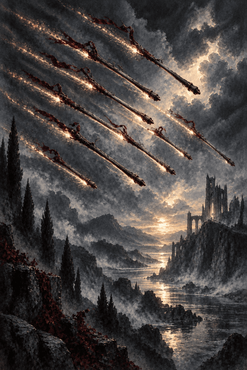 Exactly eight long wooden wands streak diagonally across a stormy twilight sky above a winding river and remote citadel, trails of faint warm sparks, no people, exhilarating movement.