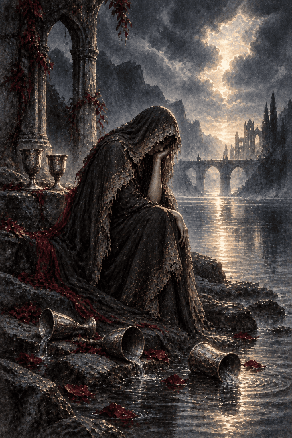 A grieving cloaked figure beside a river looking down at three overturned silver cups, two upright cups behind them, exactly five cups total, distant bridge toward a lit refuge.