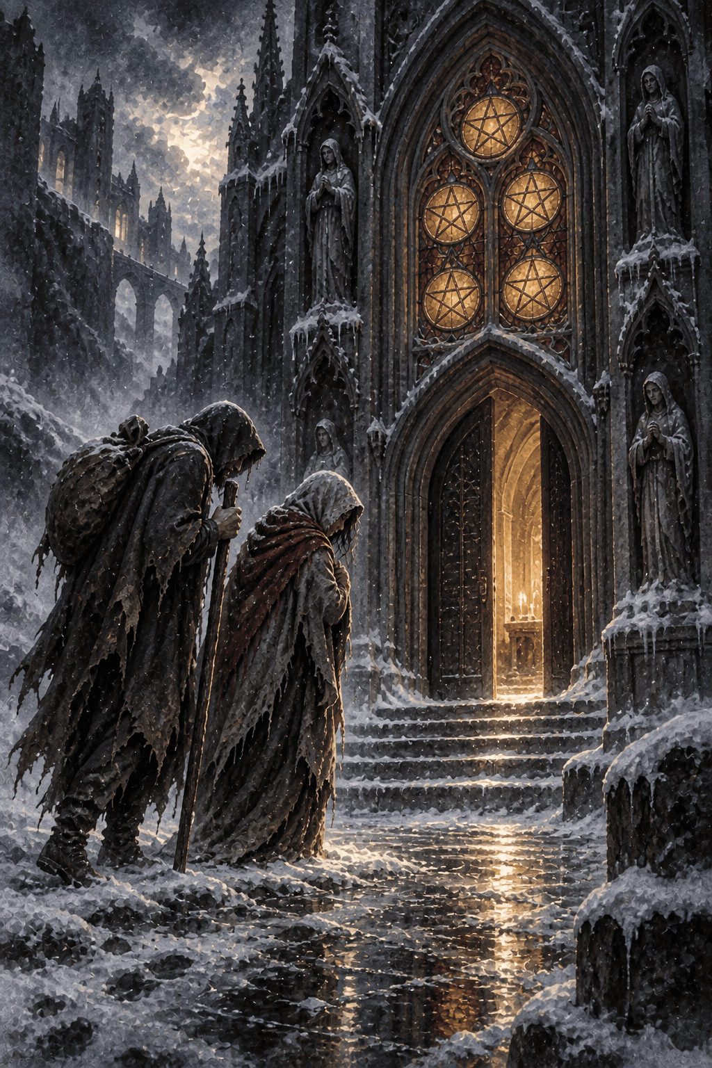 Two impoverished cloaked travelers crossing a snowy street outside a gothic sanctuary, warm stained glass displays exactly five gold pentacles, a slightly open lit doorway offers shelter.