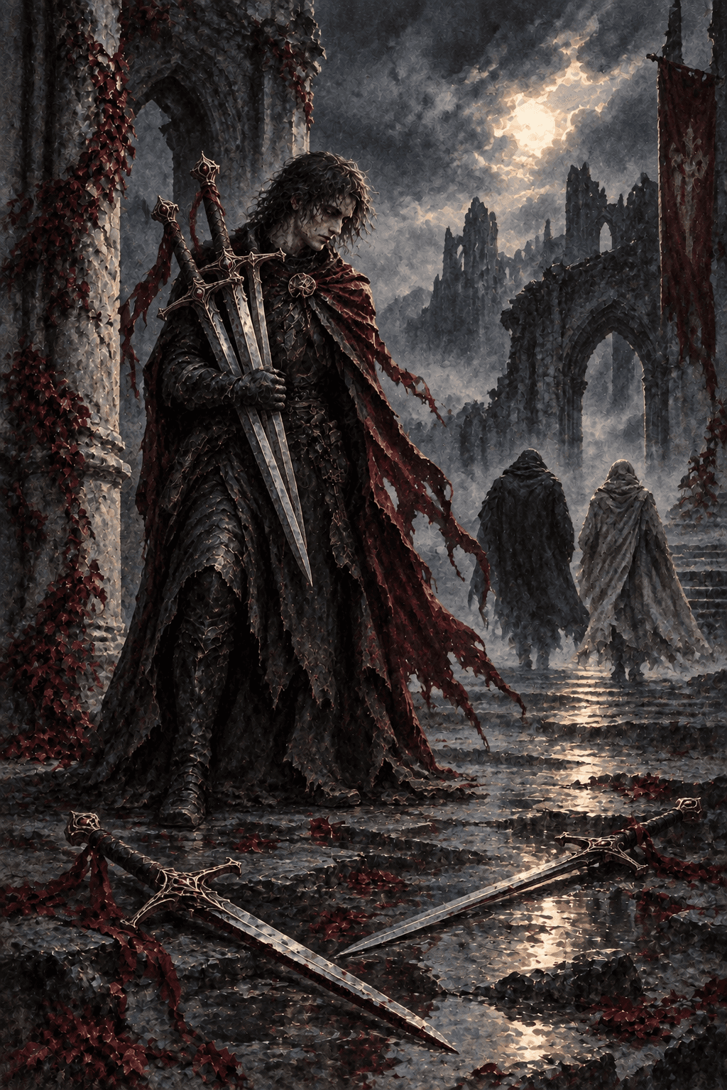 A hollow-eyed victor gathering three swords in a windswept ruined courtyard, two additional discarded swords on the stones while two cloaked figures walk away, exactly five swords, costly victory.