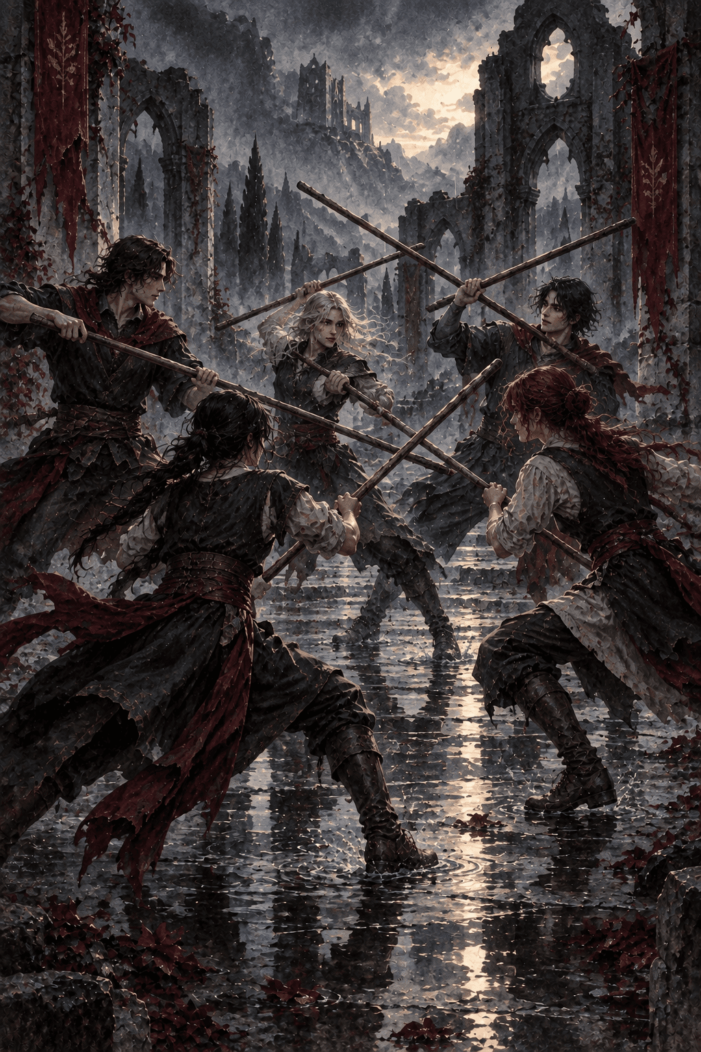 Five young adult fighters practicing with exactly five wooden staffs in a rain-dark ruined courtyard, energetic intersecting gestures and harmless competitive tension, no blood.