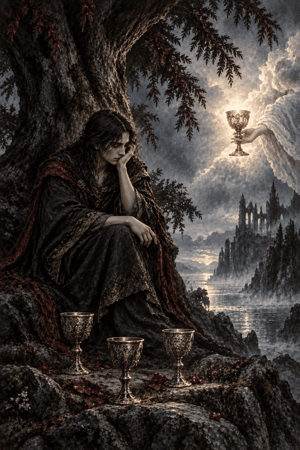 A withdrawn figure beneath an ancient yew tree overlooking exactly three chalices on the ground, a fourth luminous cup offered from a cloud at the side, contemplative discontent.