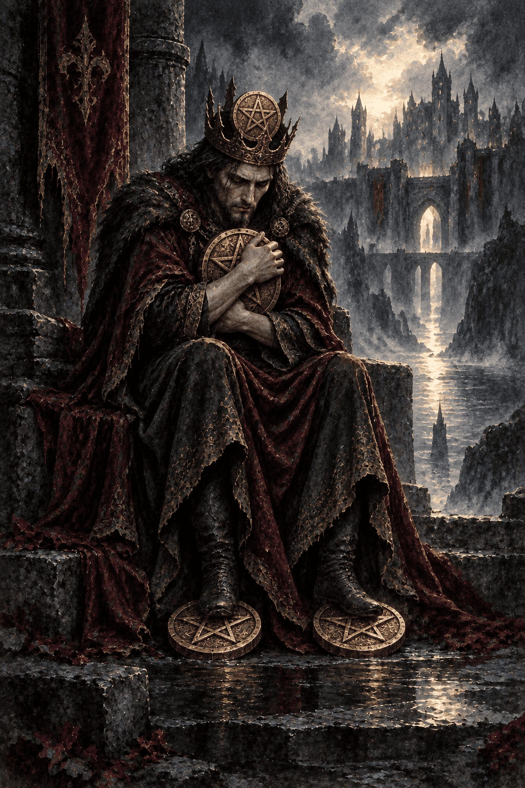 An anxious crowned keeper seated before a fortified city, clutching one pentacle coin to the chest, one on the crown and two beneath the feet, exactly four gold pentacles, tight closed posture.