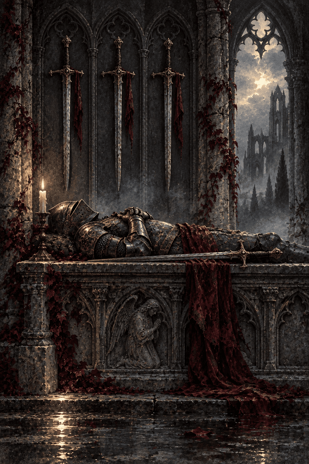 A peaceful armored knight resting on a carved stone tomb, three swords mounted vertically on the chapel wall and one horizontal along the tomb, exactly four swords total, a single candle.