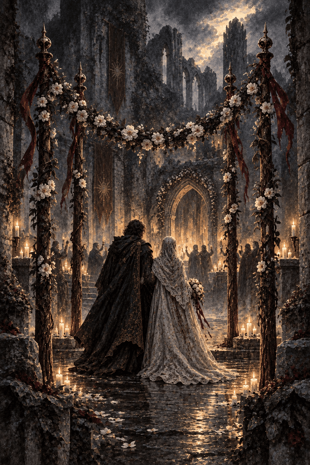 Exactly four tall wooden staffs supporting a garland of ivory flowers at the entrance of a ruined castle courtyard, two cloaked celebrants arriving beneath the arch, warm candlelit welcome.