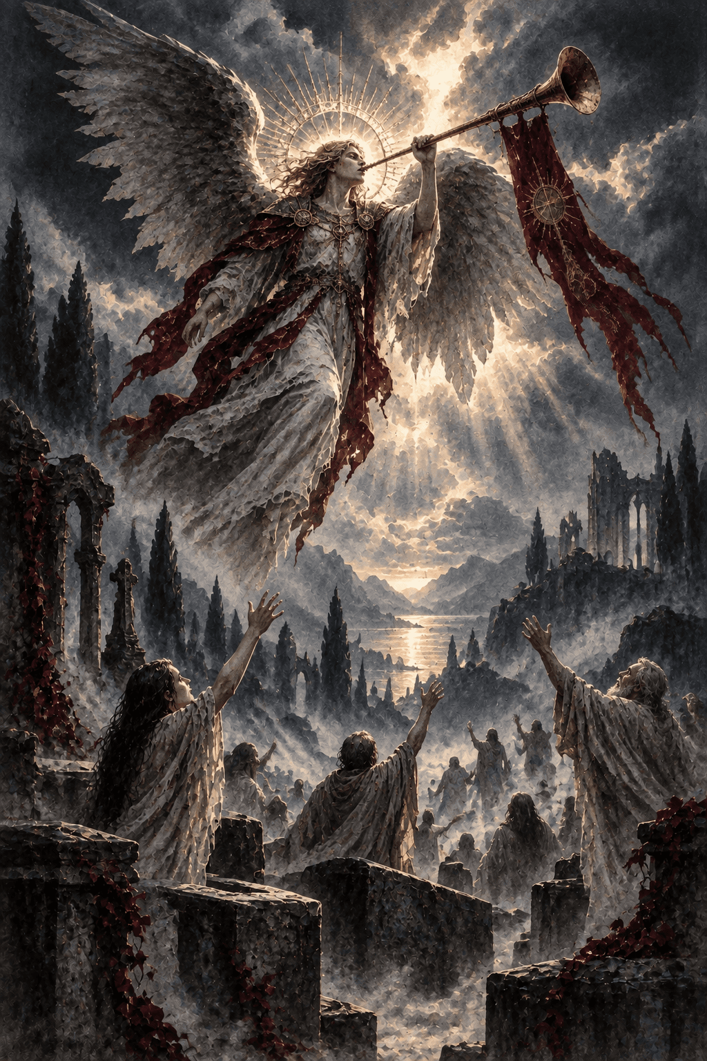 A great winged herald sounding an antique trumpet through torn storm clouds, fully clothed figures rising from stone resting places and reaching toward the light, awakening and reckoning, no gore.