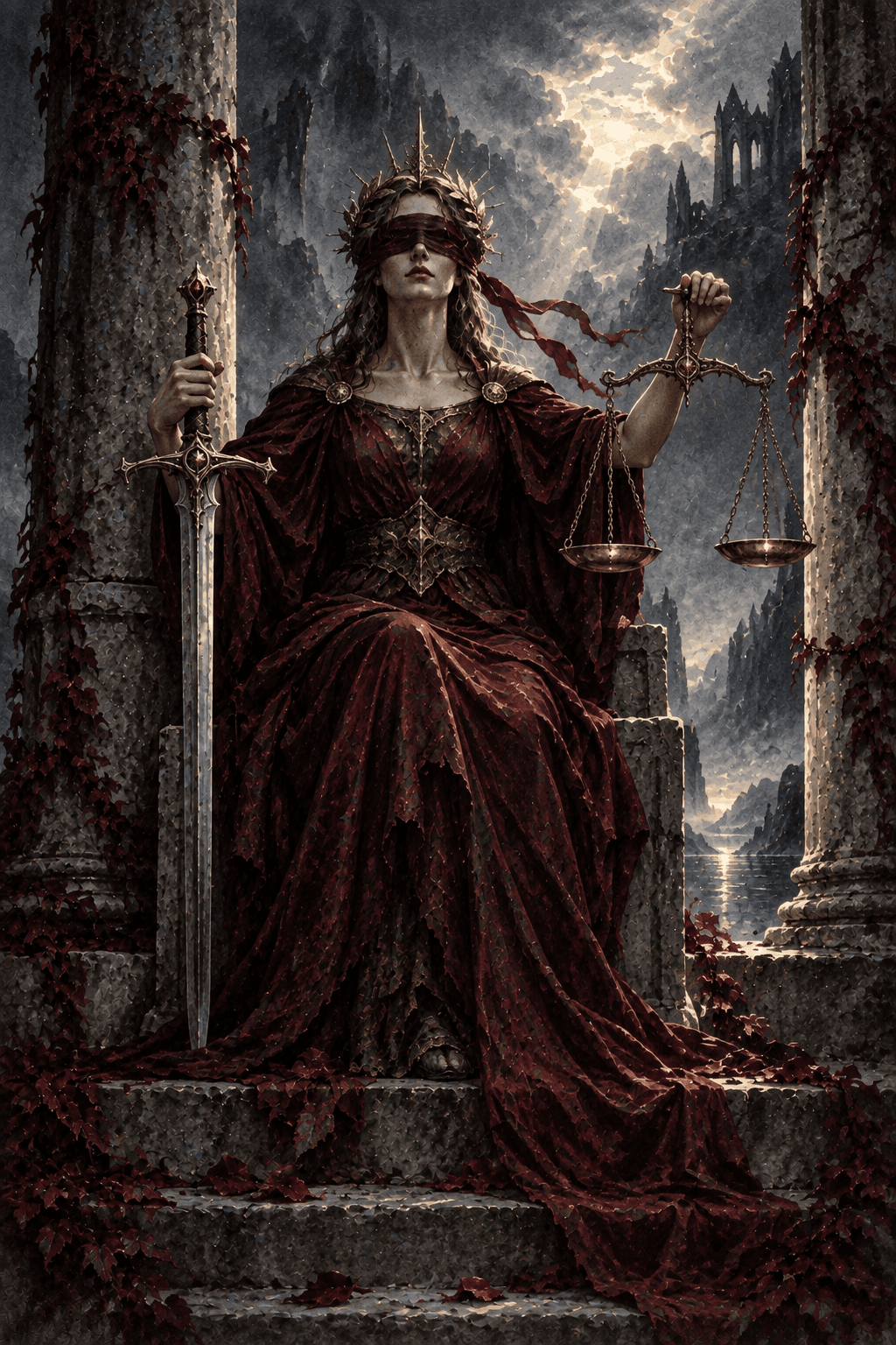 A blindfolded solemn woman seated between austere stone pillars, perfectly balanced brass scales in one hand and an upright silver sword in the other, burgundy robes, cold shafts of light.