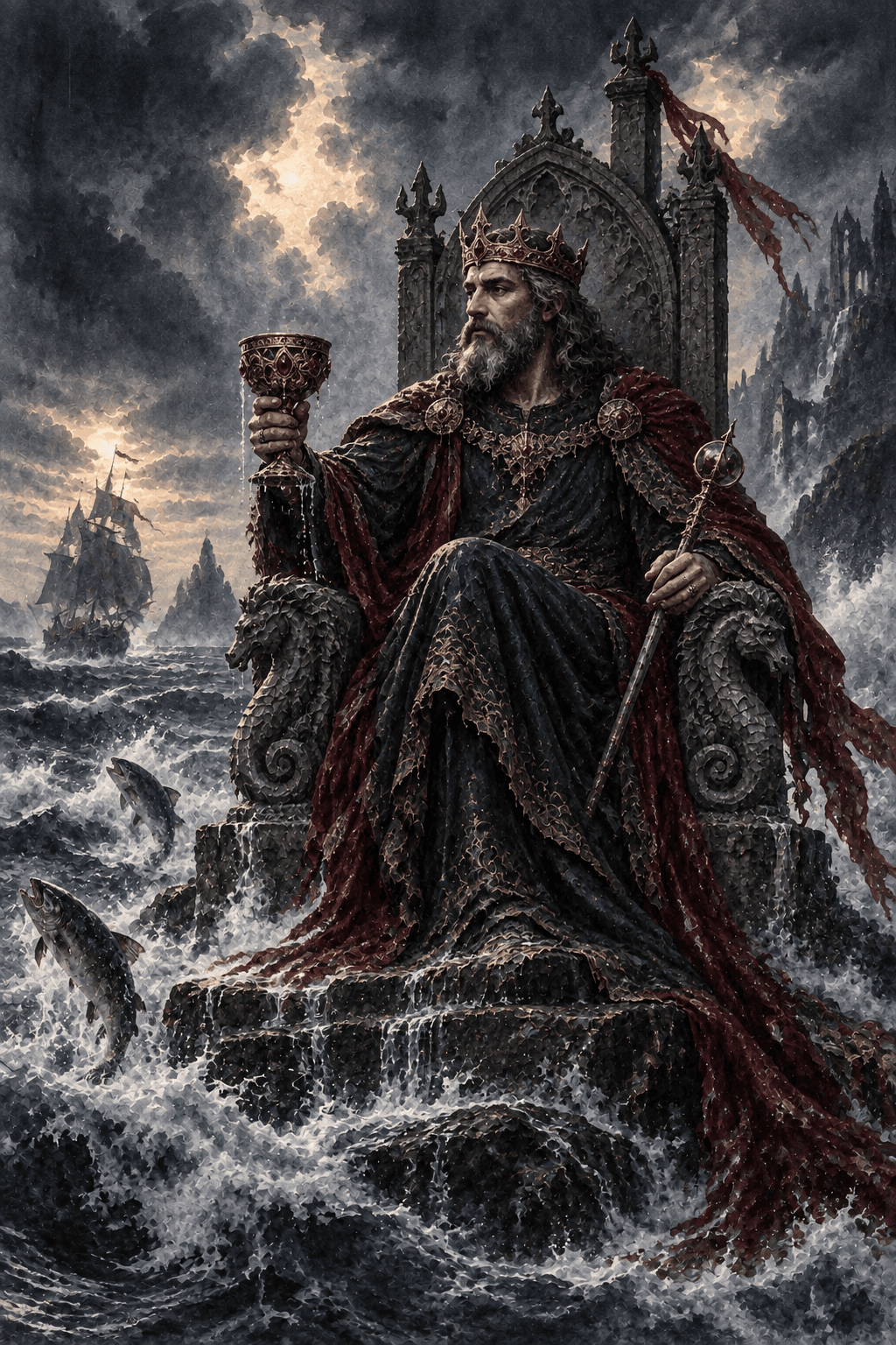 A composed bearded king holding a chalice and short scepter on a stone throne surrounded by turbulent ocean, a distant ship and leaping fish, calm expression amid the waves.