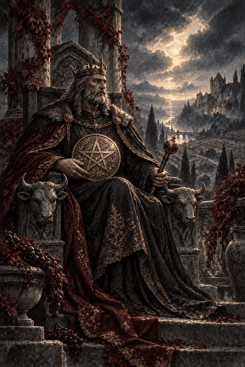 A mature king in richly weathered robes on a bull-carved throne, one large gold pentacle and a short scepter, vine-covered stone estate and fertile land behind, grounded stewardship.