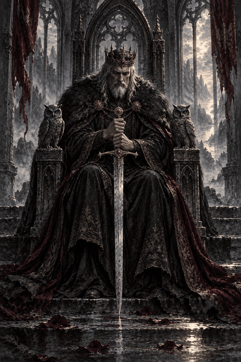 A grave older king on an austere throne holding one upright silver sword with both hands, carved owls and cold high windows, dark fur-lined cloak, precise and principled authority.