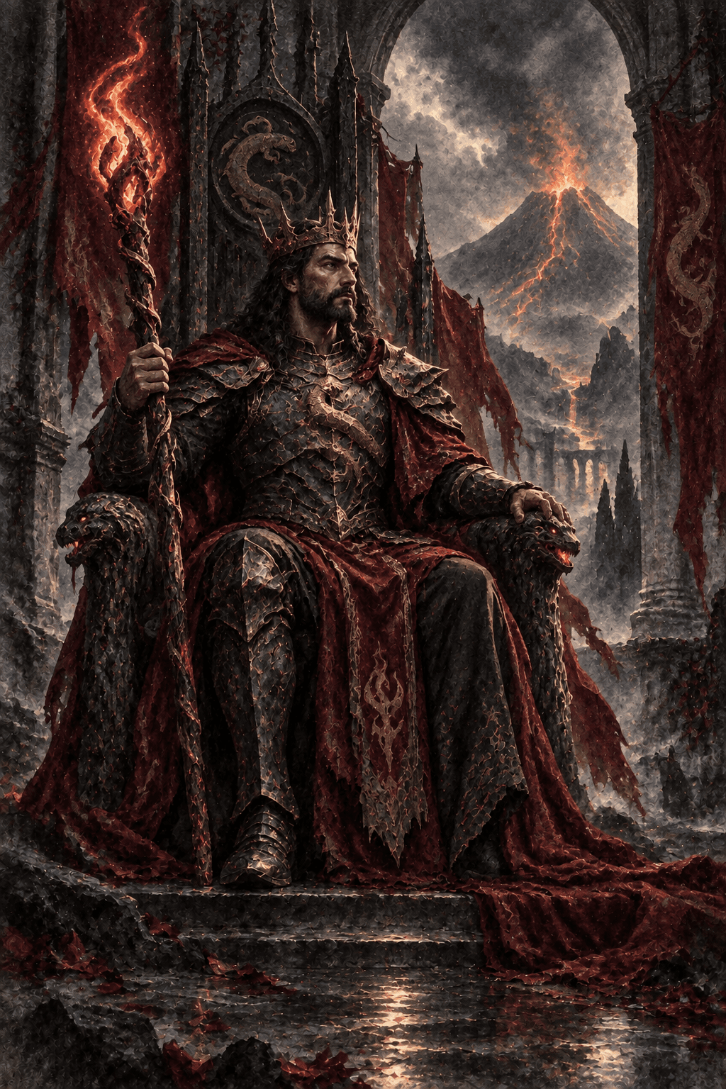 A commanding king in dark armor on a charred oak throne, holding a living fire-tipped staff, salamander motifs and crimson banners, volcanic mountains through an open arch.