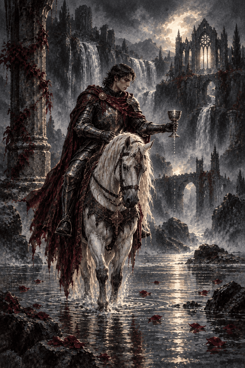 A contemplative knight on a pale horse walking through shallow water, offering one ornate silver chalice, a waterfall and ruined chapel behind, restrained romantic idealism.