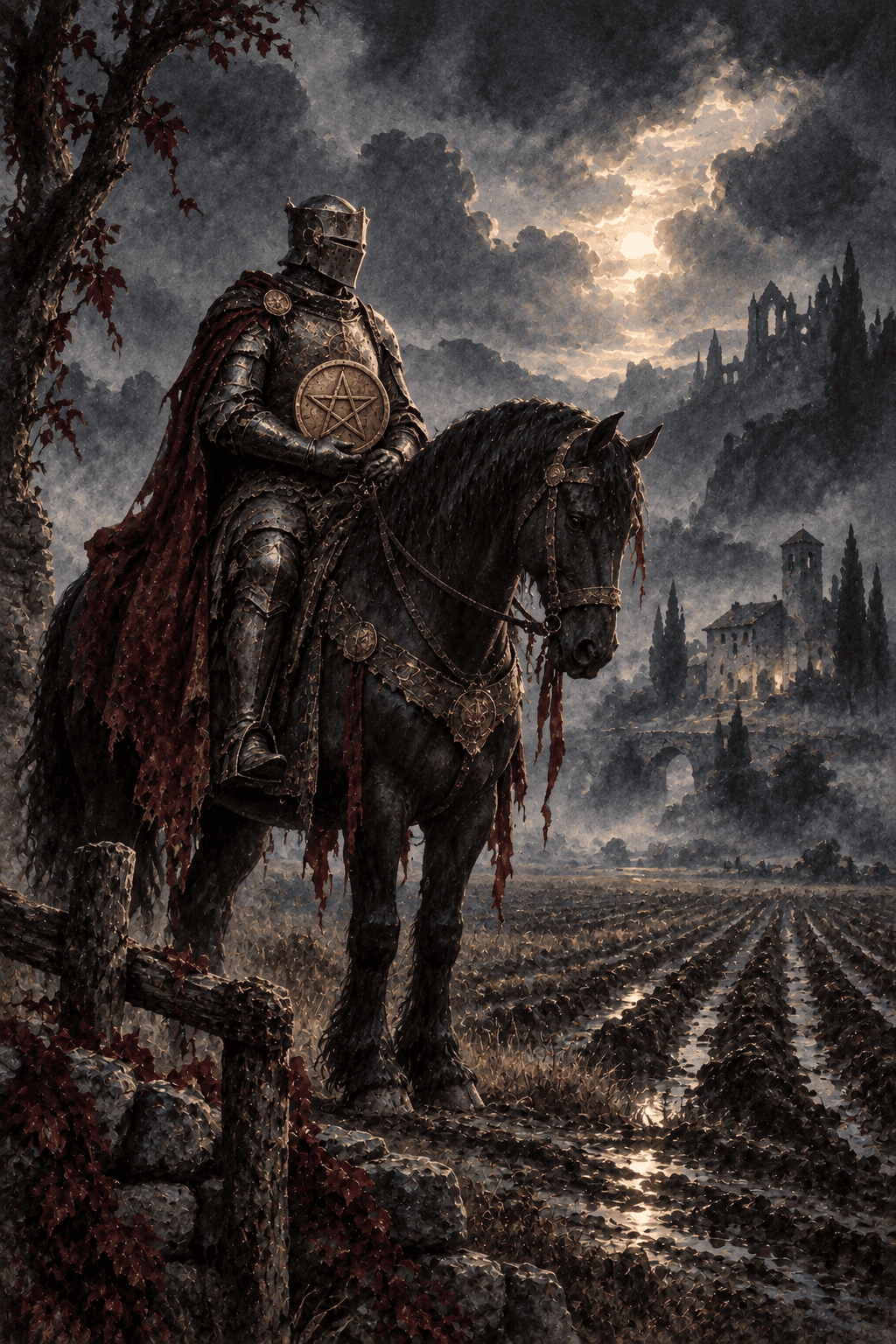 A steadfast armored knight seated on a motionless heavy black horse beside furrowed fields, holding one gold pentacle, misty stone farmstead, deliberate reliable stillness.