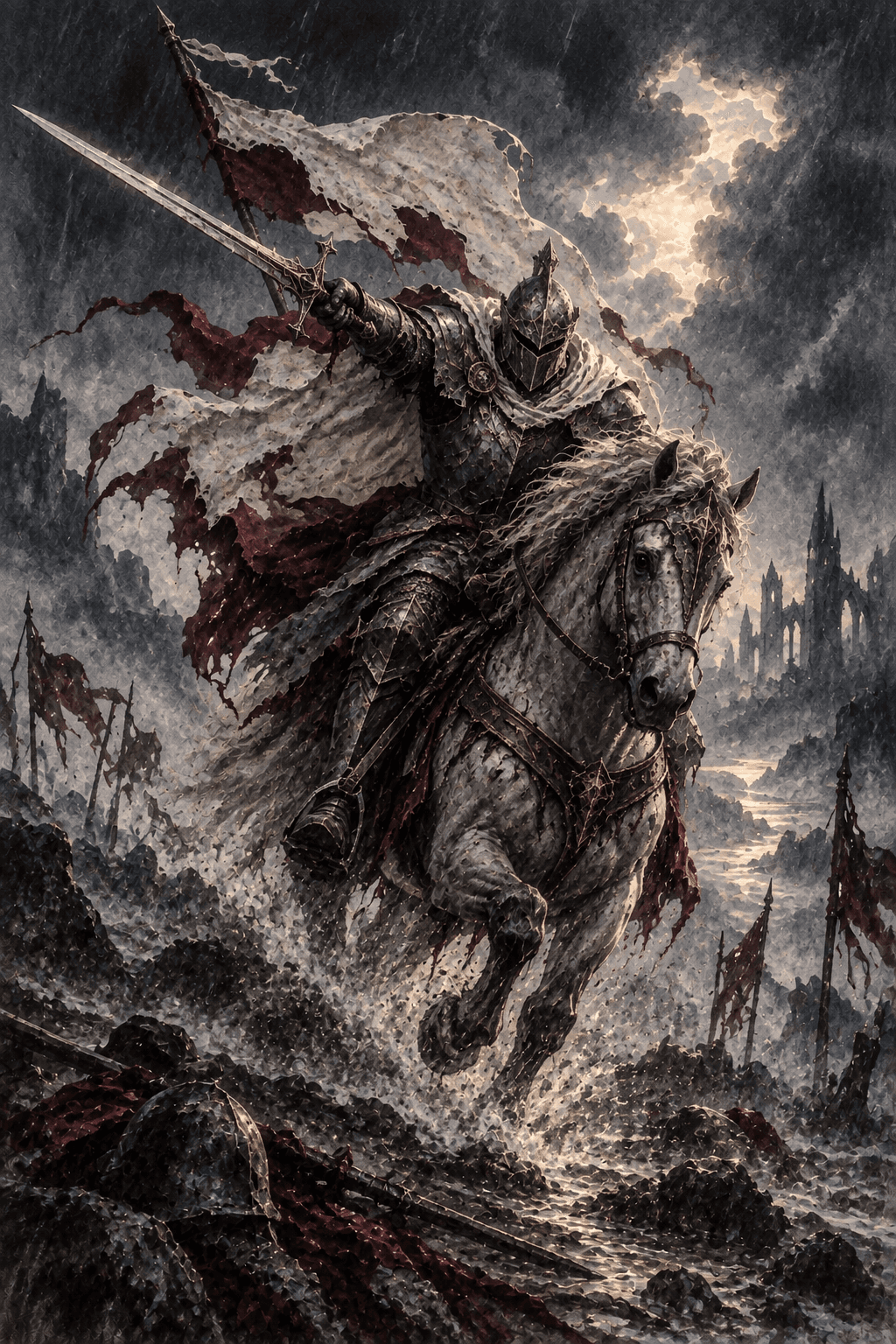 An armored rider charging on a gray horse with a single sword extended into the wind, torn pale banner and sweeping rain over a barren battlefield, urgent diagonal composition.