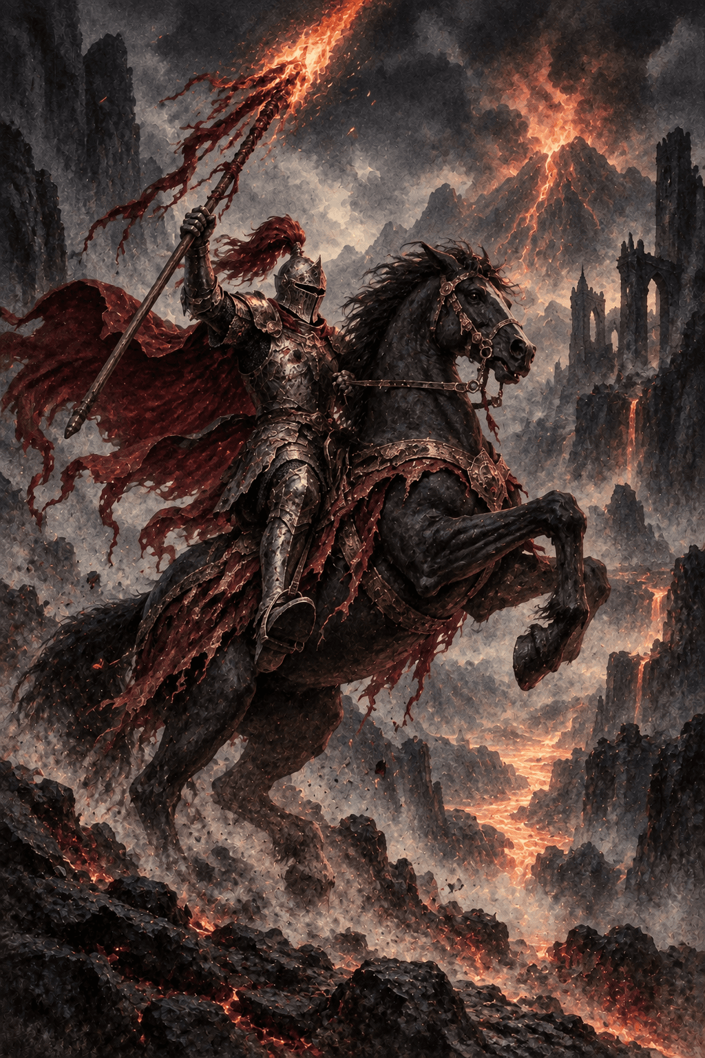 A bold knight on a rearing dark horse raising a flaming wooden lance, windswept crimson cloak, racing through a volcanic pass under an ember-filled sky.