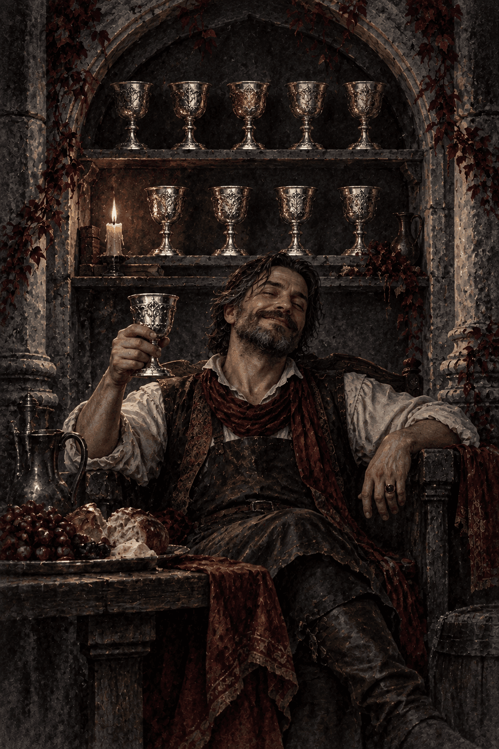 A contented innkeeper seated in a gothic alcove beneath an arched shelf displaying exactly nine silver chalices, one warm candle, modest rich cloth and a peaceful smile.