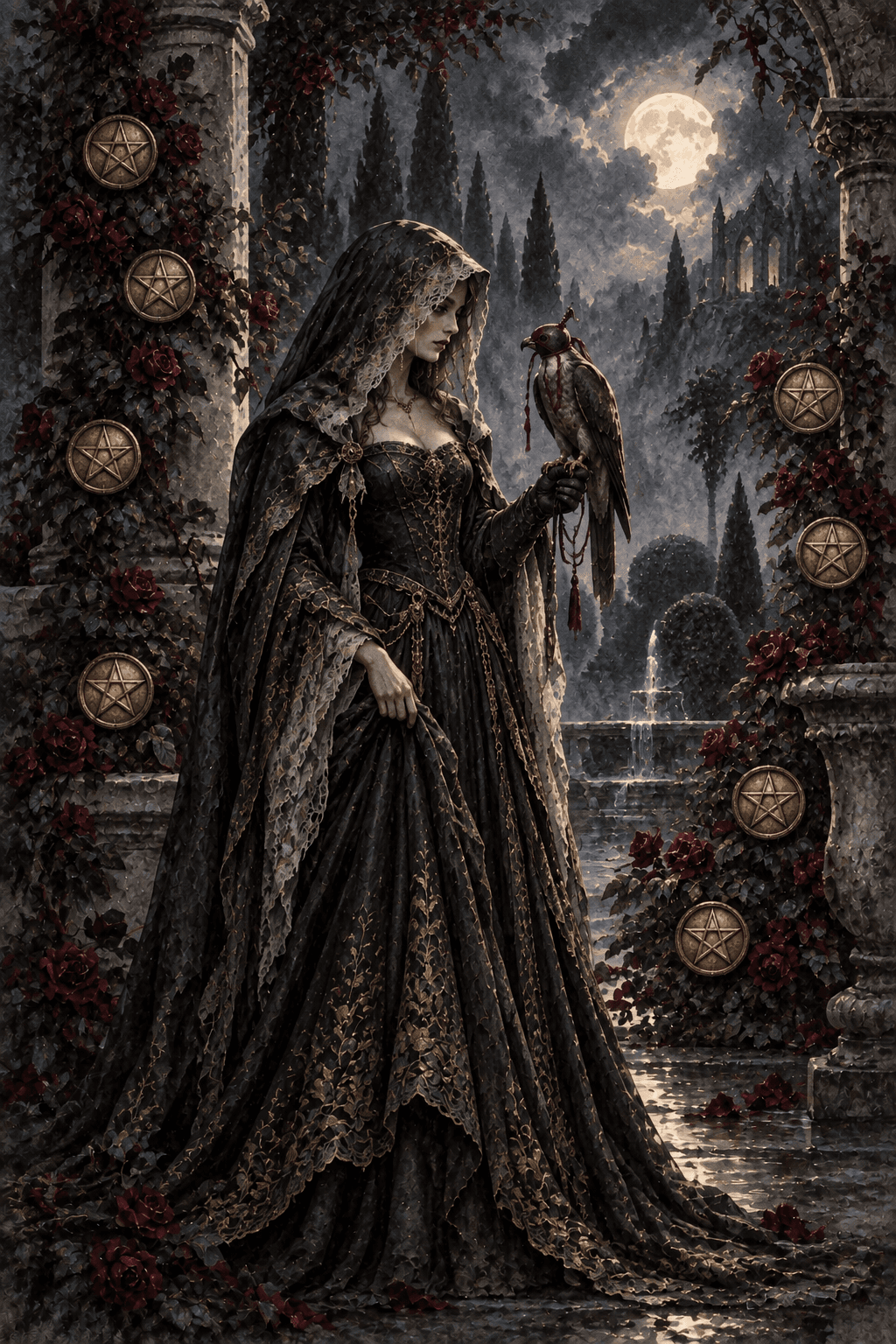 An independent noblewoman in a dark embroidered gown with a hooded falcon on her gloved hand, exactly nine gold pentacle coins among the vines of her moonlit walled garden.