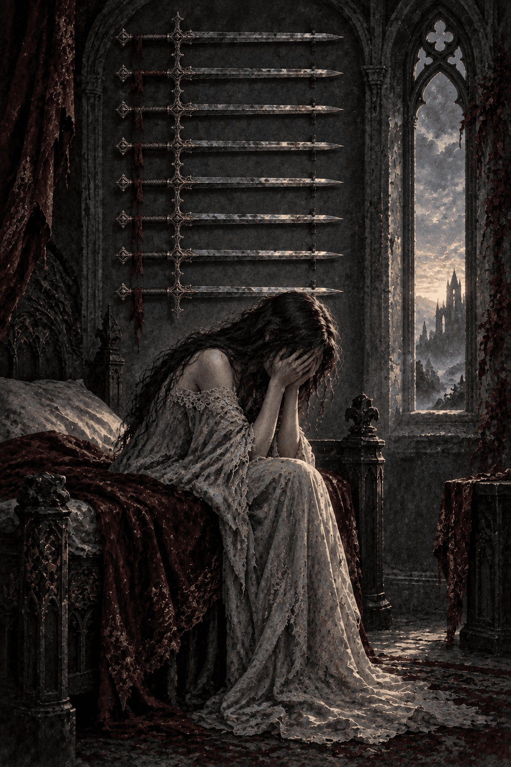 A sleepless figure sitting on the edge of a dark carved bed with face in hands, exactly nine silver swords mounted horizontally on the wall, faint predawn light through a narrow gothic window.
