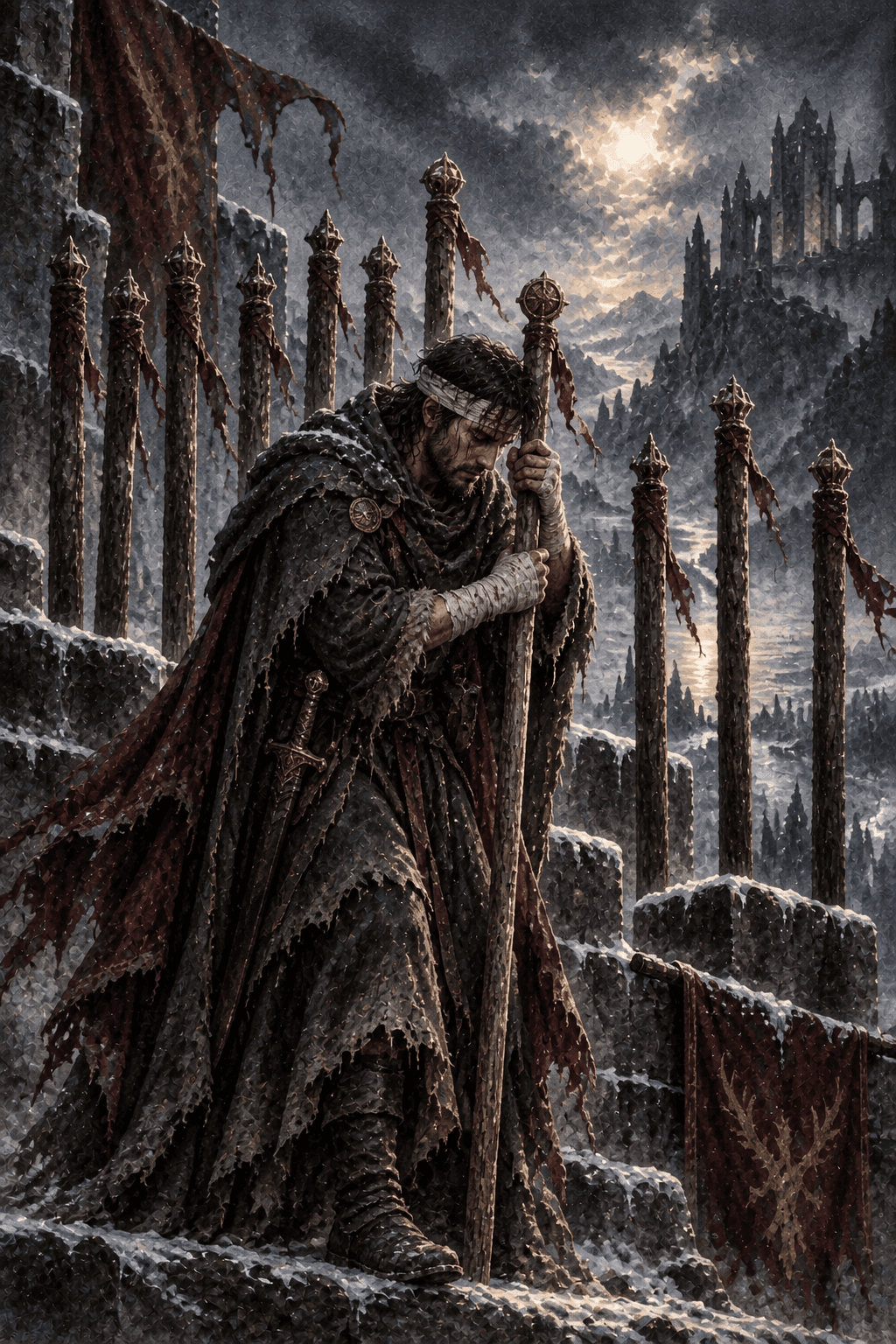 A tired but resolute watchkeeper leaning on one wooden staff with eight more forming a rough palisade behind, exactly nine staffs total, bandaged brow, winter fortress watch.