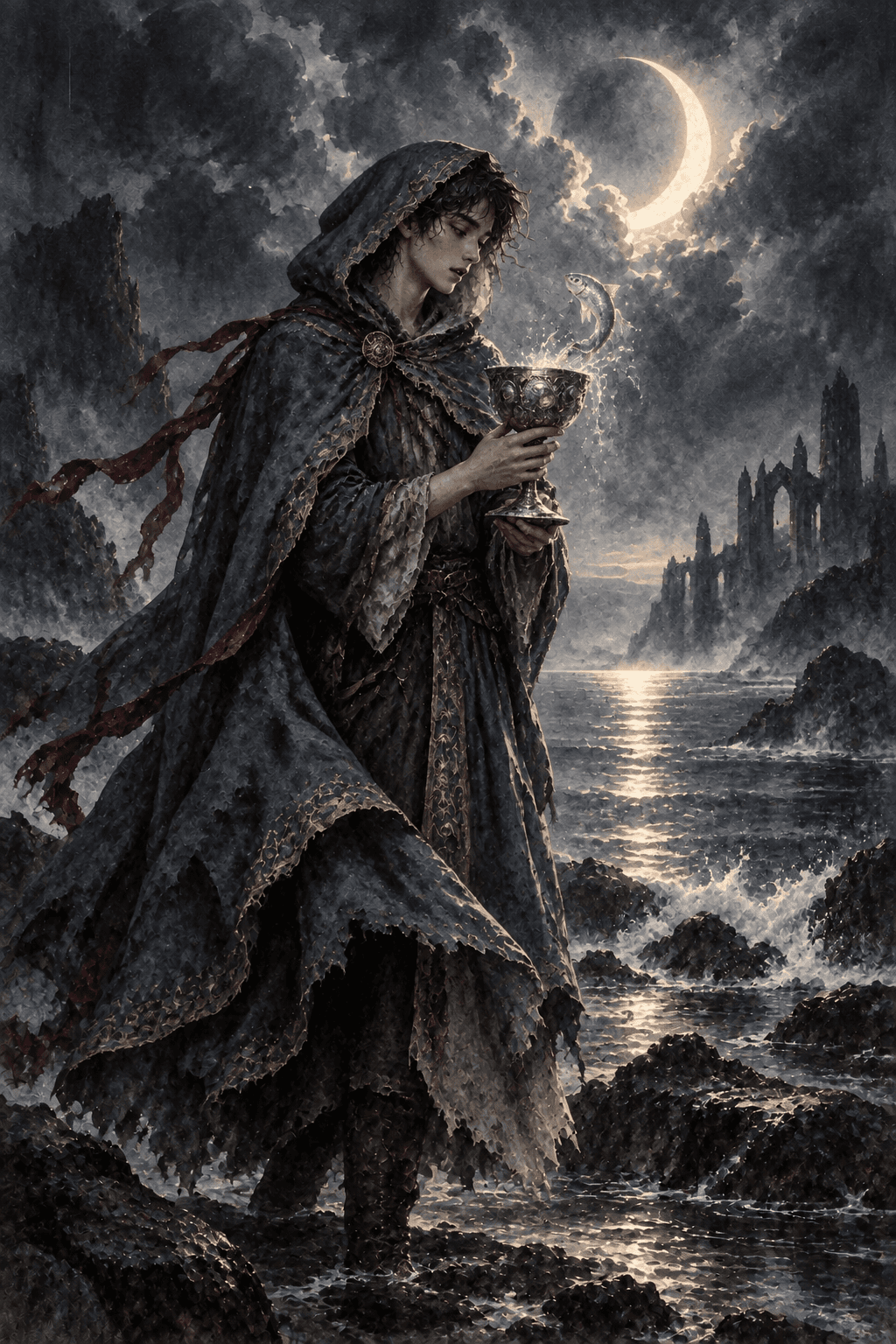A thoughtful young adult in a weathered blue cloak holding one silver chalice from which a small silver fish emerges, standing on a rocky moonlit shoreline, surprised gentle curiosity.