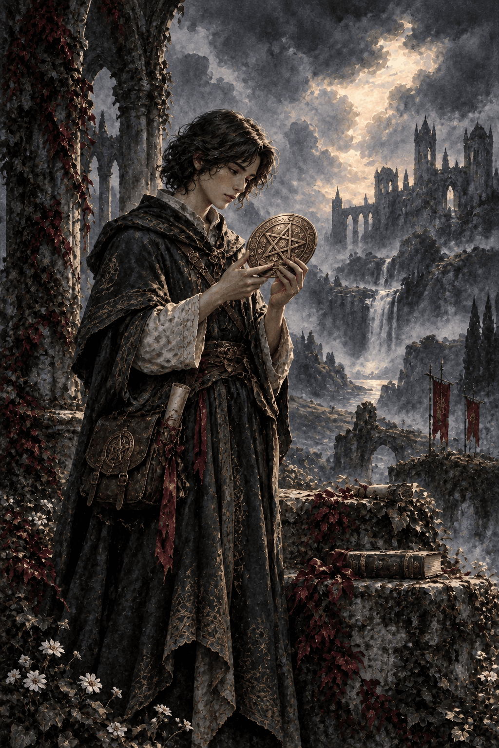 A studious young adult holding one large gold pentacle coin with both hands and examining its star, mossy fields and ruined academy in the distance, grounded patient curiosity.