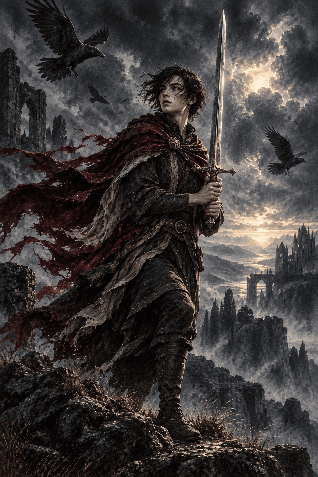 An alert young adult lookout holding one upright silver sword in both hands on a windy hill, cloak whipping sideways, ravens and fast storm clouds, watchful questioning expression.