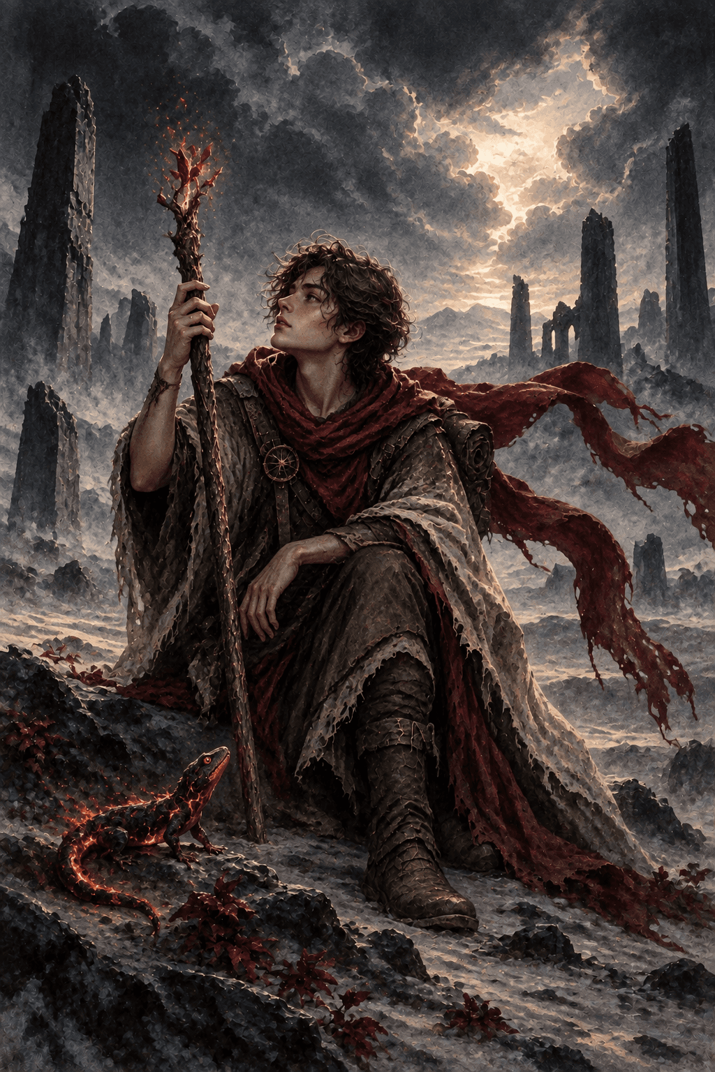 A curious young adult traveler studying a budding wooden staff in an ash-covered desert, small ember salamander at their boots, distant broken obelisks and a restless crimson scarf.