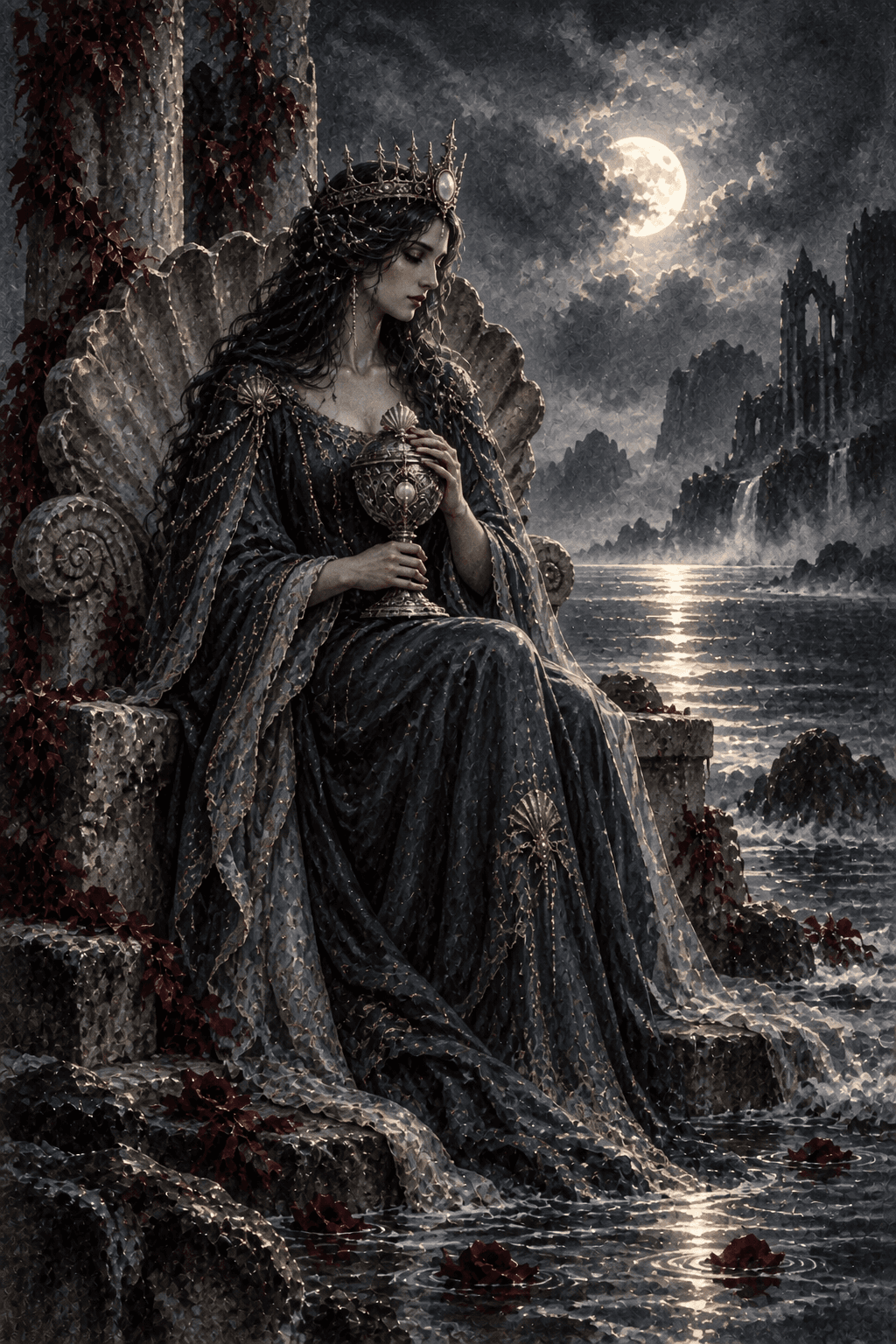 An empathetic queen seated on a shell-carved stone throne at the water's edge, holding an elaborate closed silver chalice, long dark sea-blue gown, moonlit tides and mist.