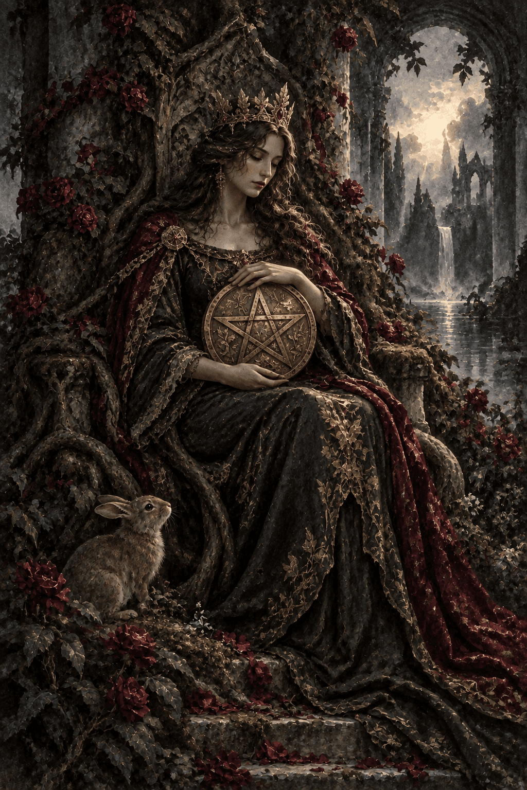 A caring queen cradling one large gold pentacle in her lap on a root-carved throne, dark lush garden, small rabbit at her feet, roses and moss, earthy warmth.