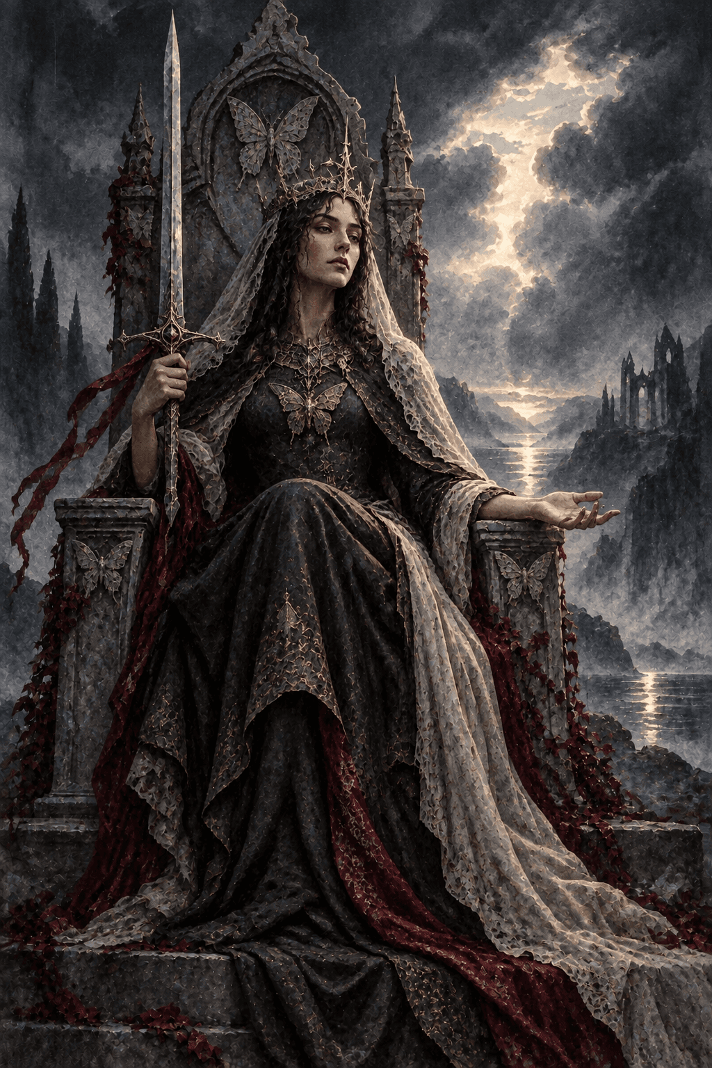 A stern thoughtful queen on a high stone throne carved with butterflies, one upright silver sword and one open extended hand, storm clouds parting behind her, clear discerning gaze.