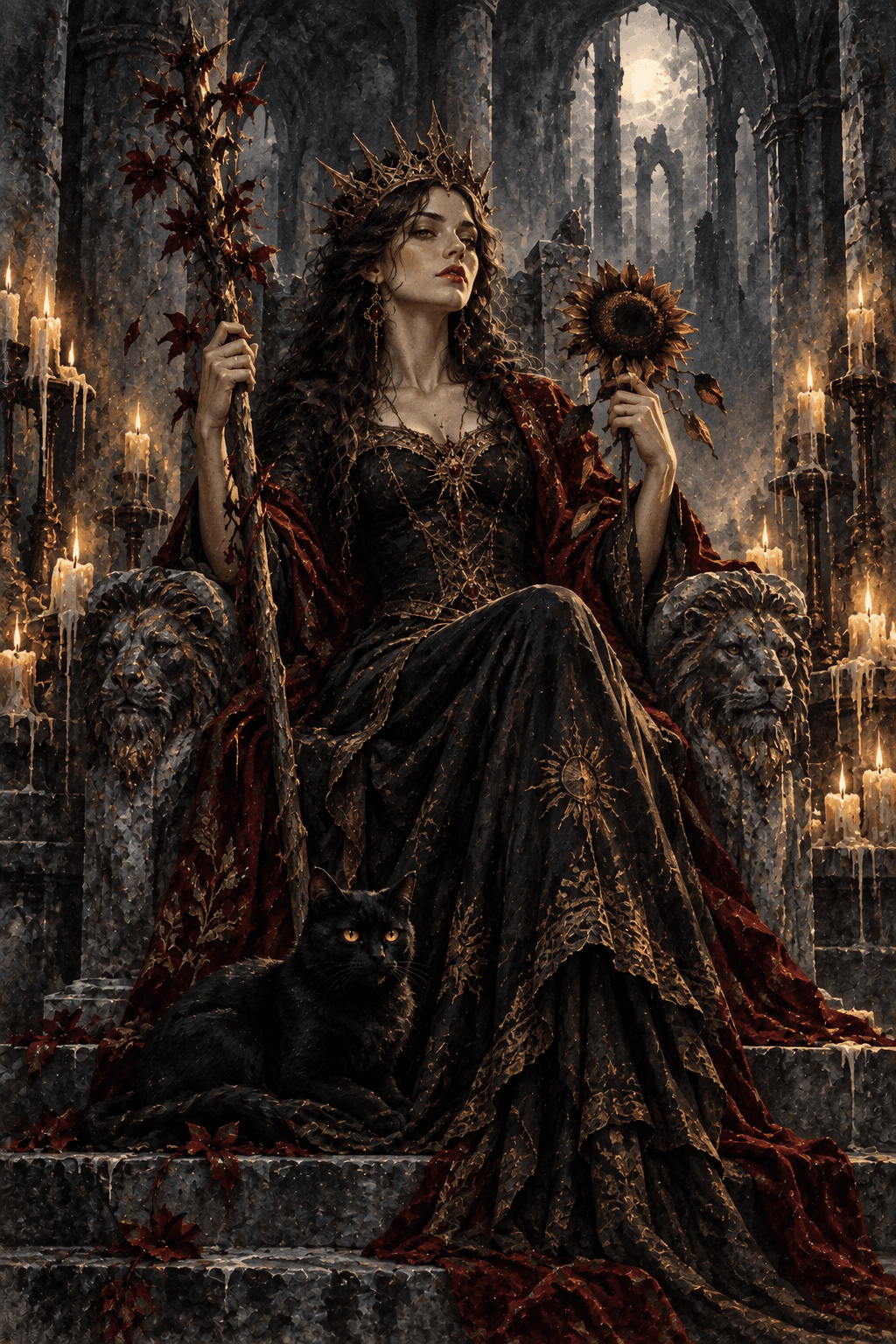 A self-assured queen on a lion-carved throne holding a flowering wand and a dark sunflower, a black cat at her feet, candlelit basalt hall, warm amber eyes.