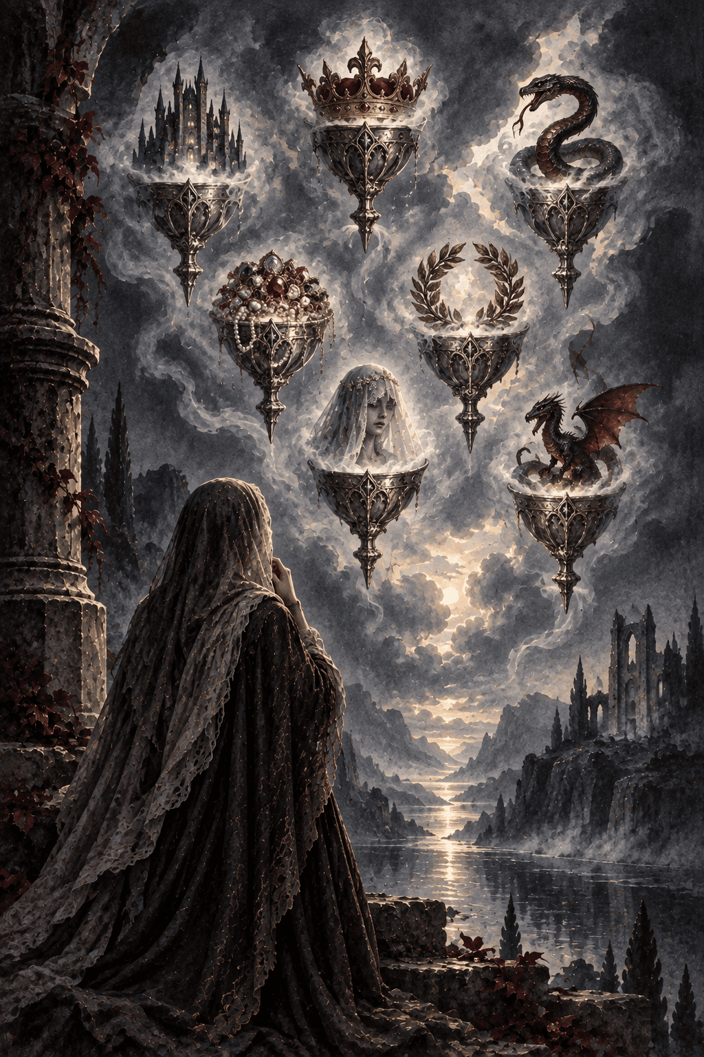 Exactly seven silver chalices floating in a bank of spectral mist, each holding a different vision: crown, tiny castle, serpent, jewels, wreath, veiled face and small dragon; a cloaked observer below.