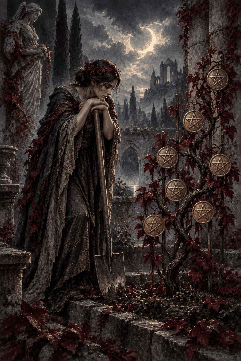 A weary gardener leaning on a spade and considering a twisted vine bearing exactly seven gold pentacle coins in a walled twilight garden, slow growth and patient assessment.
