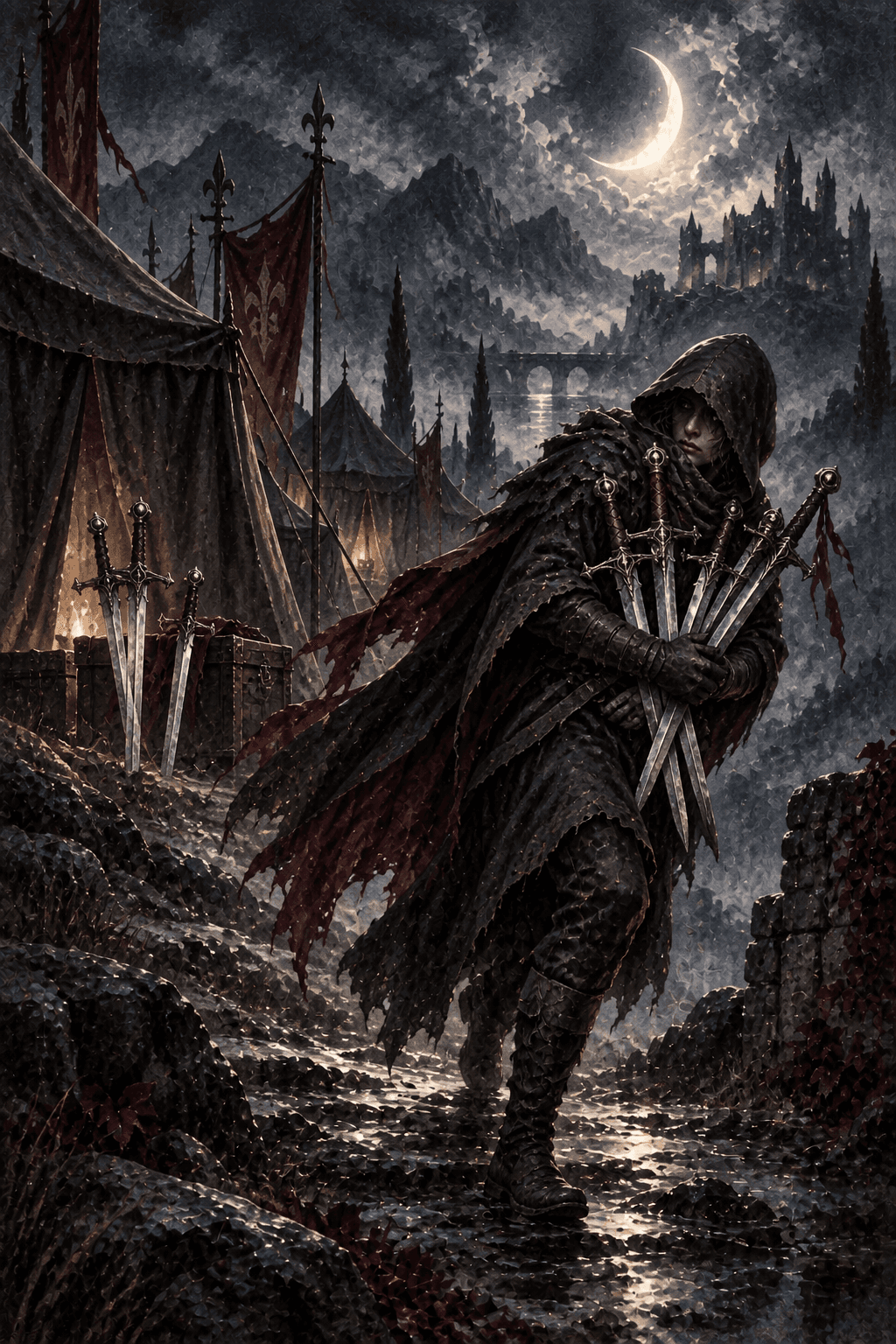 A furtive cloaked traveler carrying exactly five silver swords away from a silent military camp, looking back at two swords left planted by a tent, exactly seven total, moonlit secrecy.