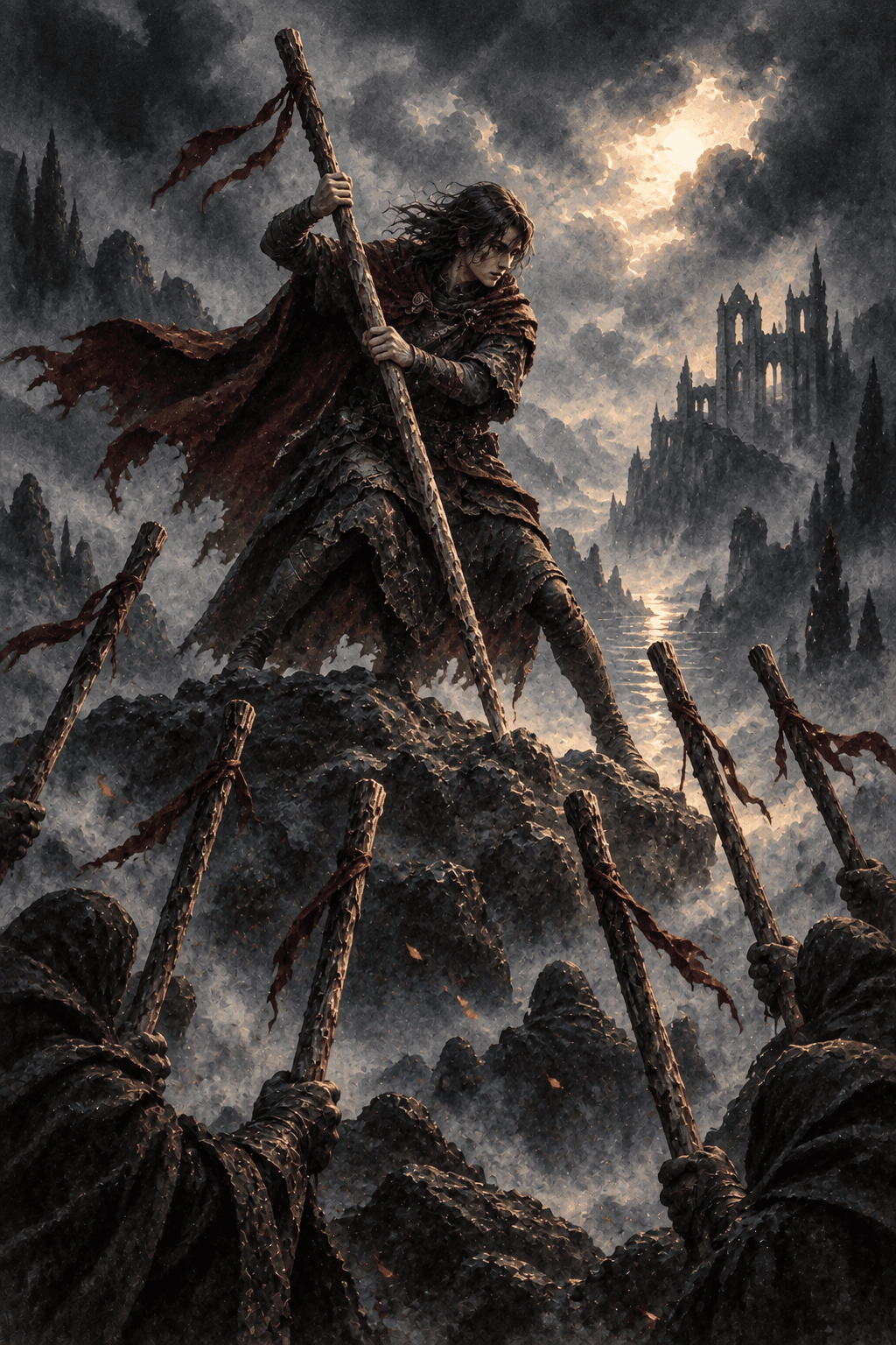 A lone defender on a rocky ledge bracing one wooden staff against six staffs rising from the shadowed slope below, exactly seven staffs total, embers and wind, determined stance.