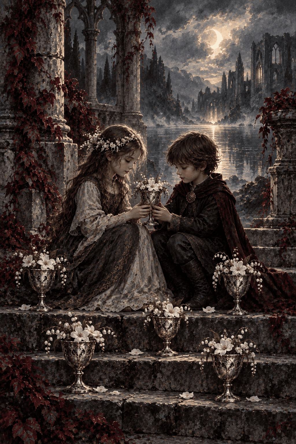 Two fully clothed children in a weathered castle garden sharing a silver cup filled with white flowers, five other flower-filled cups on the stone steps, exactly six total, gentle memory.