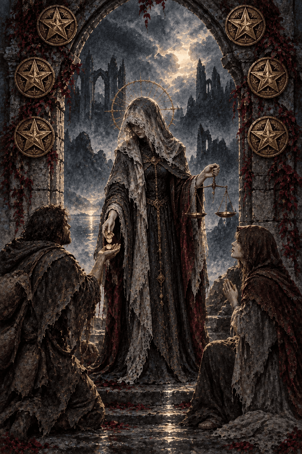A cloaked benefactor holding small balanced scales while sharing coins with two travelers under a ruined arch, exactly six prominent gold pentacle medallions framing the scene, dignity and fair exchange.