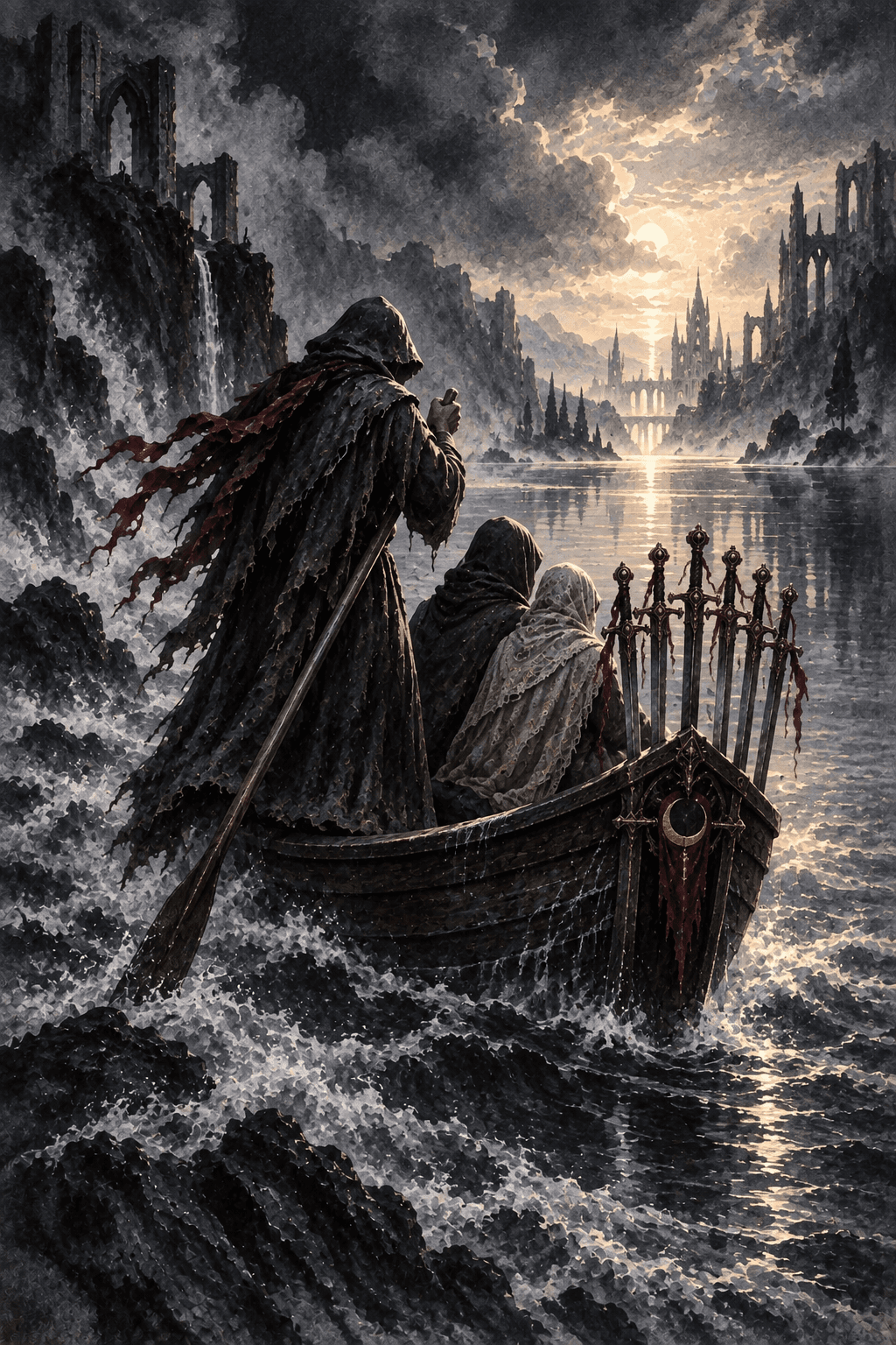 A cloaked boatkeeper ferrying two bundled passengers across misty water, exactly six upright swords secured in the prow, turbulent water behind and a calm distant shore ahead.