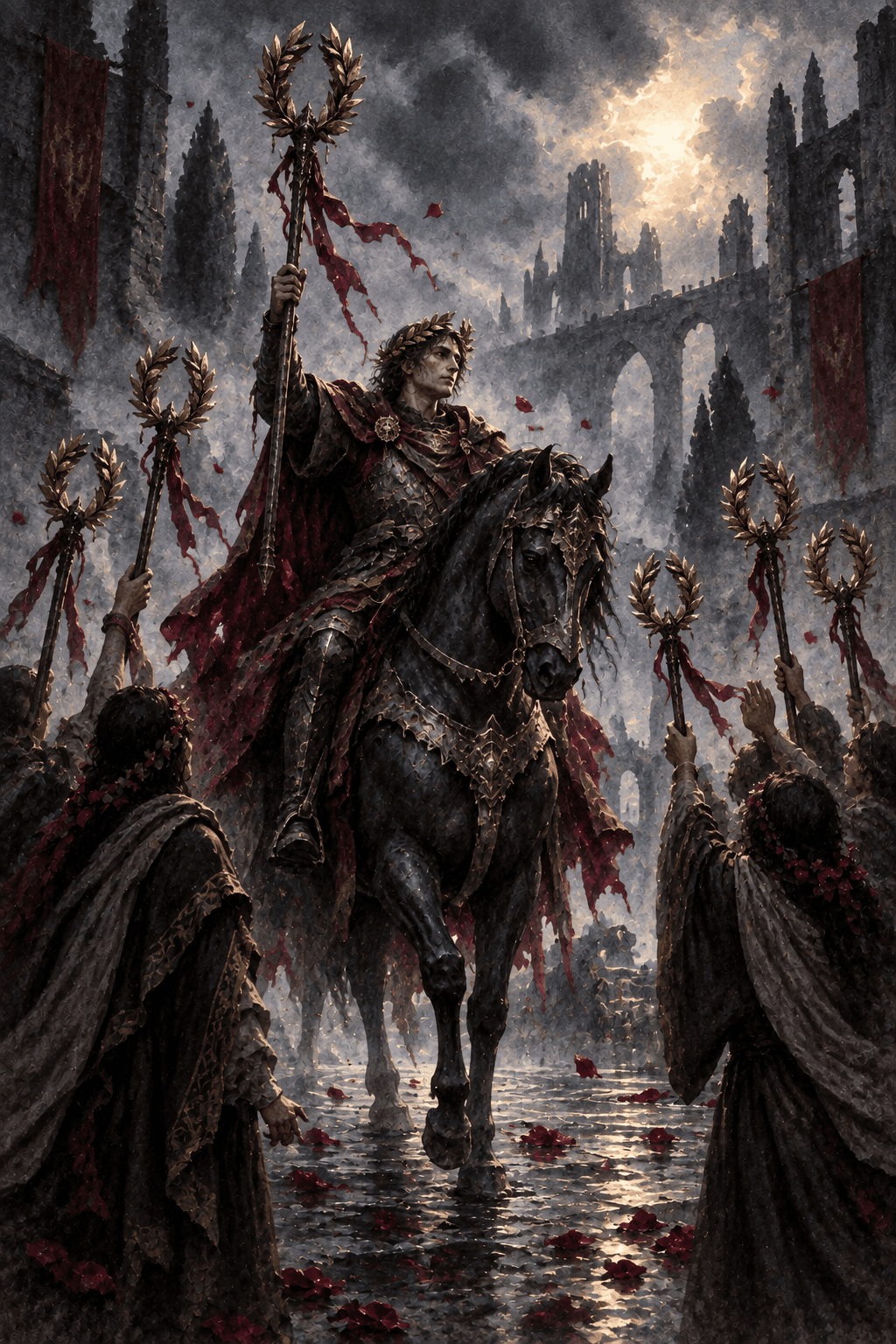A weary victorious rider on a dark horse carrying one laurel-crowned staff through a ruined city, five additional staffs held by a welcoming crowd, exactly six staffs total.