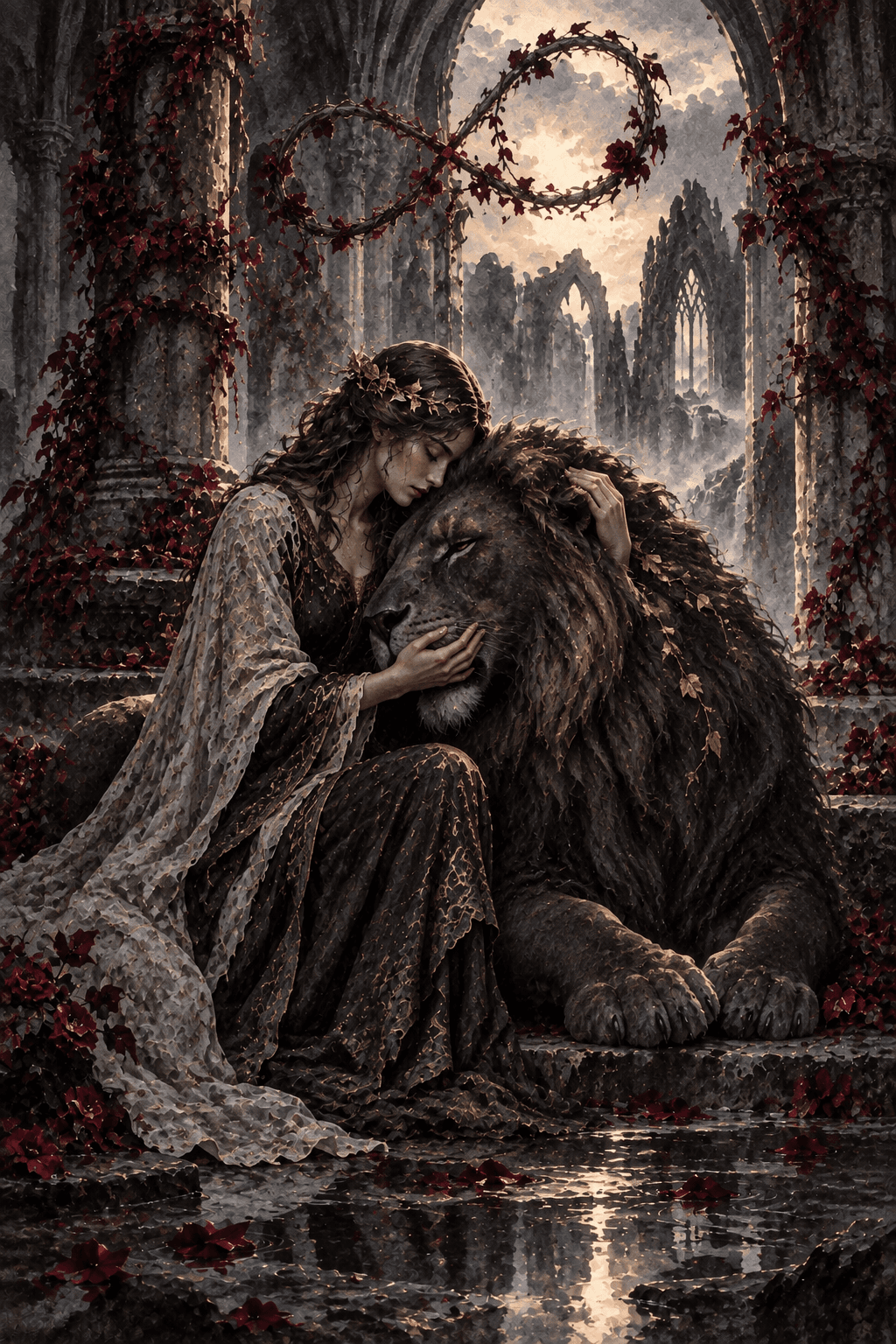 A calm woman gently rests her hands on the muzzle and mane of an enormous dark lion in an overgrown abbey, tender rather than forceful, subtle infinity-shaped vine overhead.